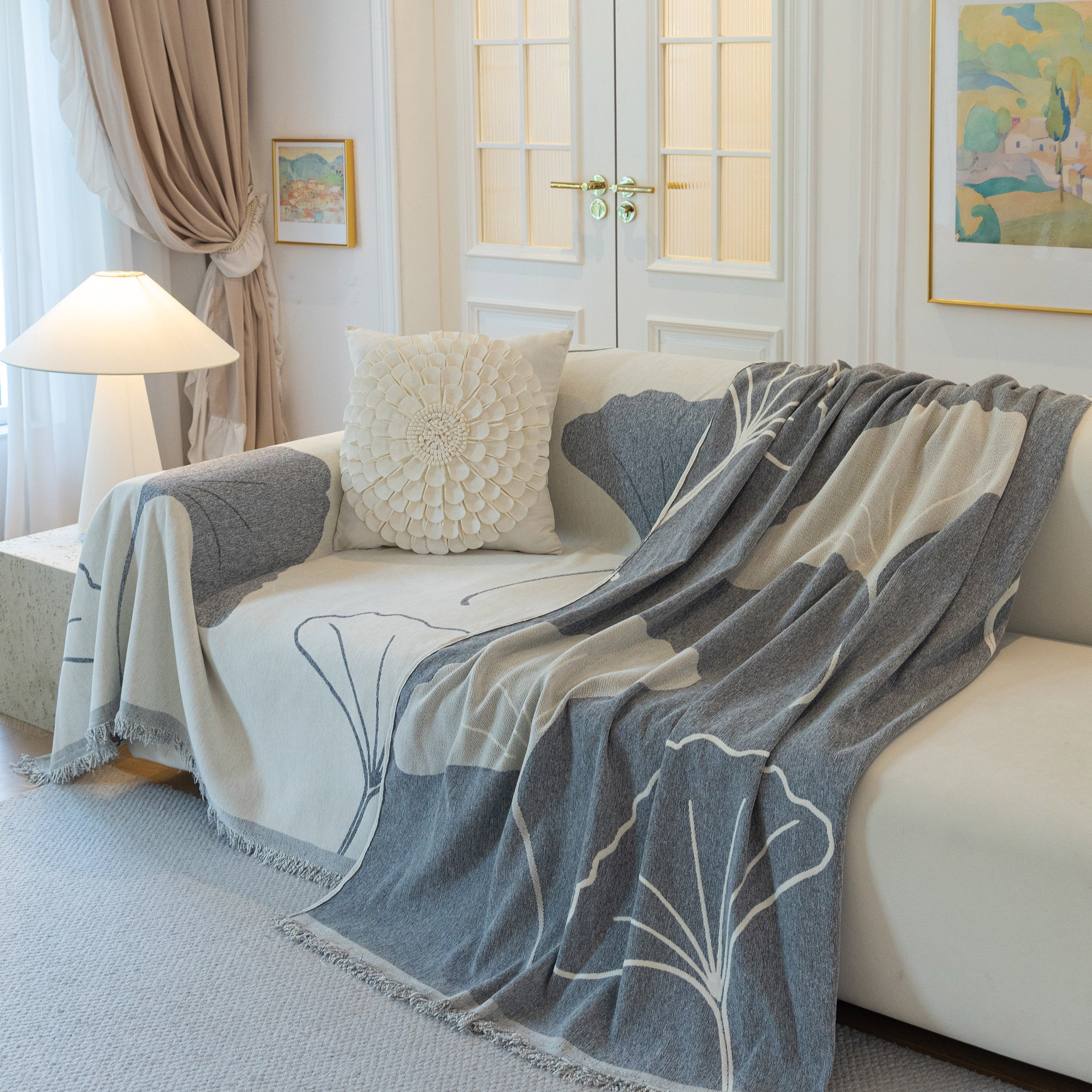 Cozy Couch Throw Blanket with Tassels, Jacquard Leaf Pattern Furniture Protector - Image 82