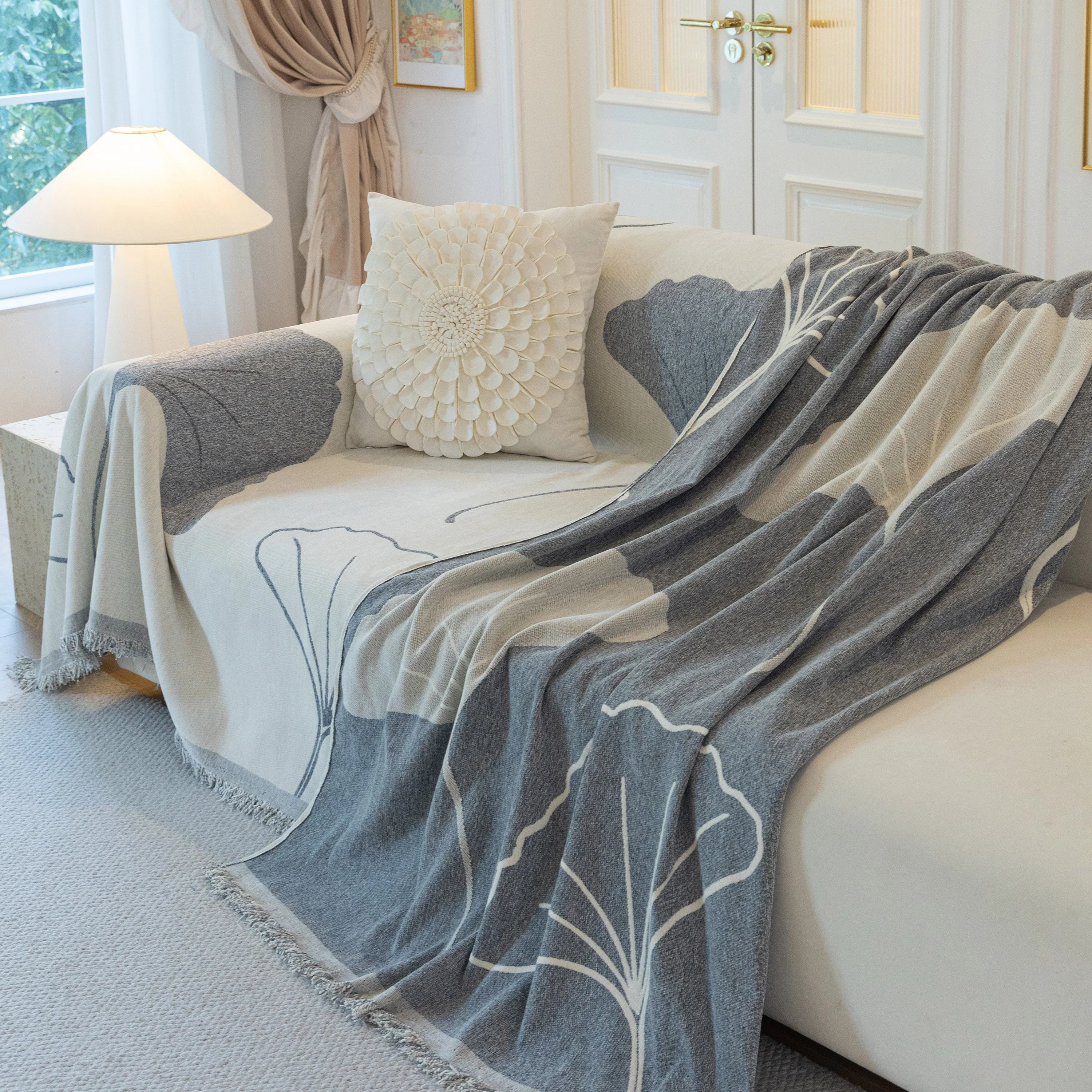 Cozy Couch Throw Blanket with Tassels, Jacquard Leaf Pattern Furniture Protector - Image 83