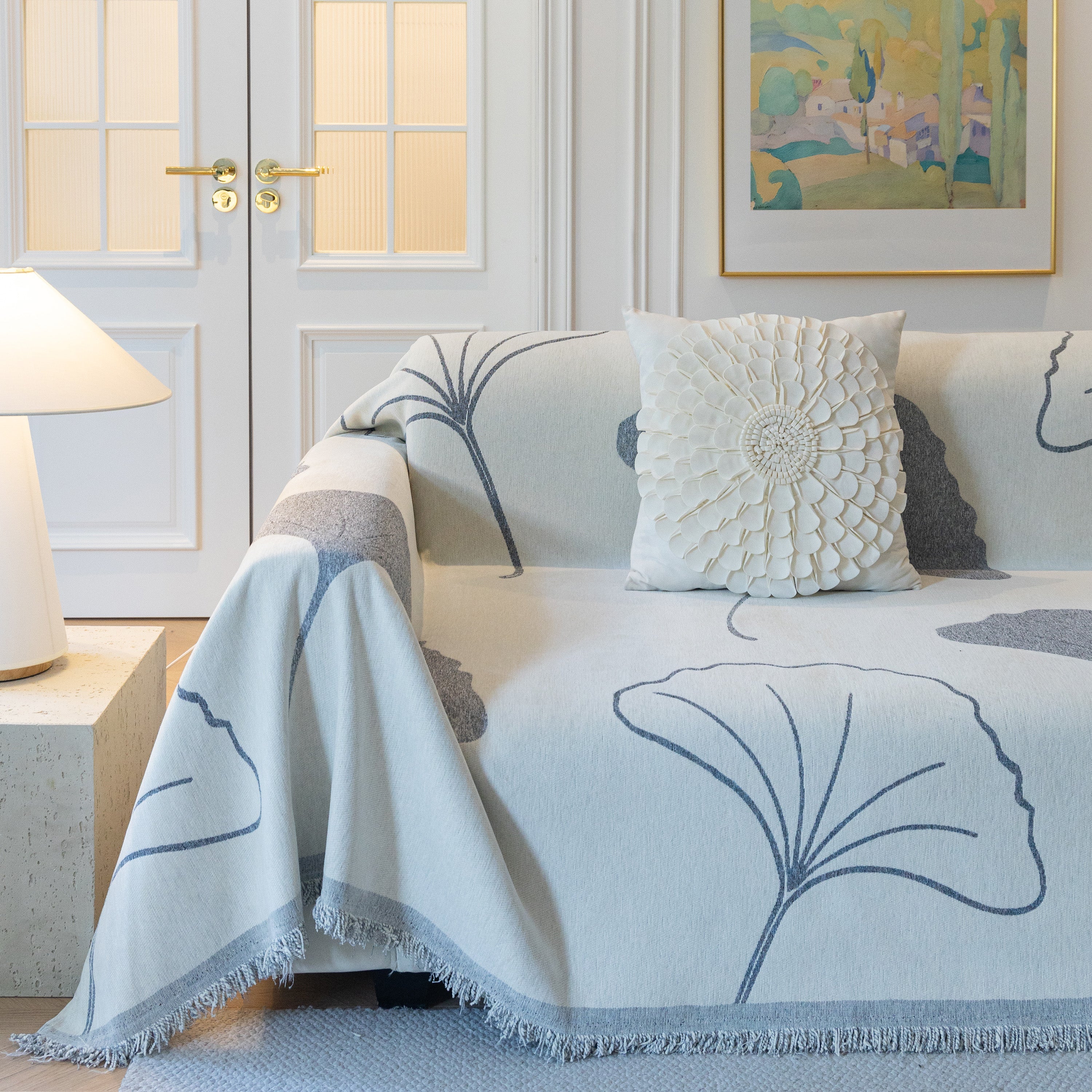 Cozy Couch Throw Blanket with Tassels, Jacquard Leaf Pattern Furniture Protector - Image 87