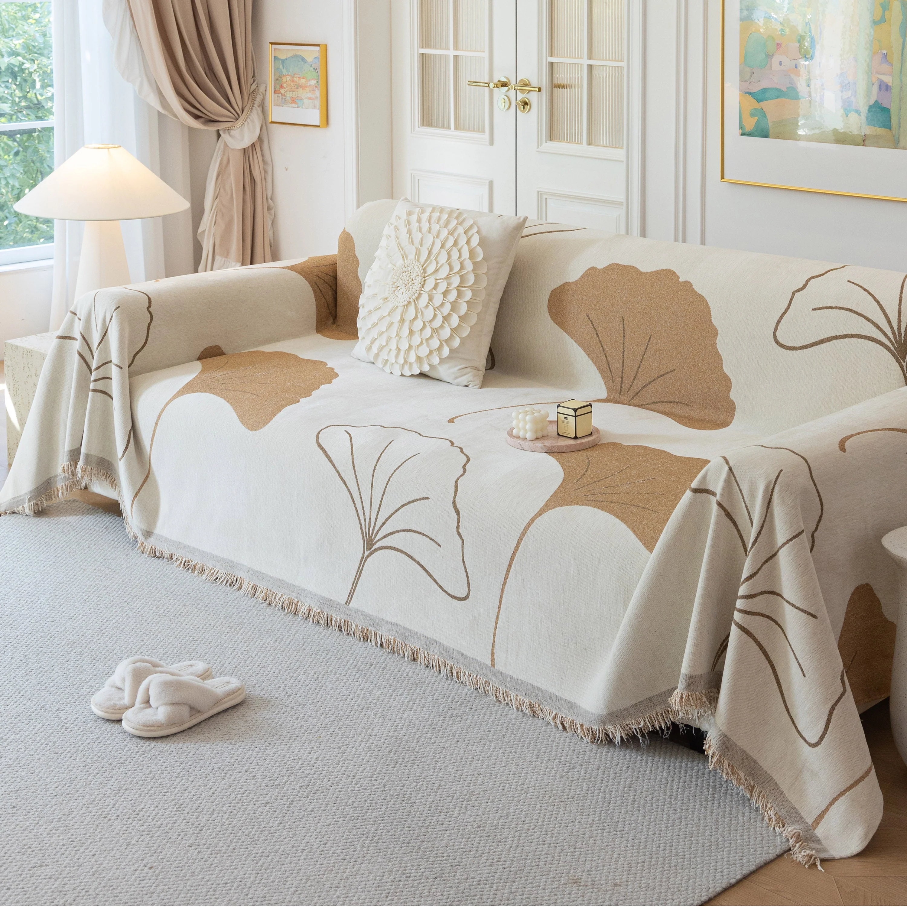 Cozy Couch Throw Blanket with Tassels, Jacquard Leaf Pattern Furniture Protector - Image 88