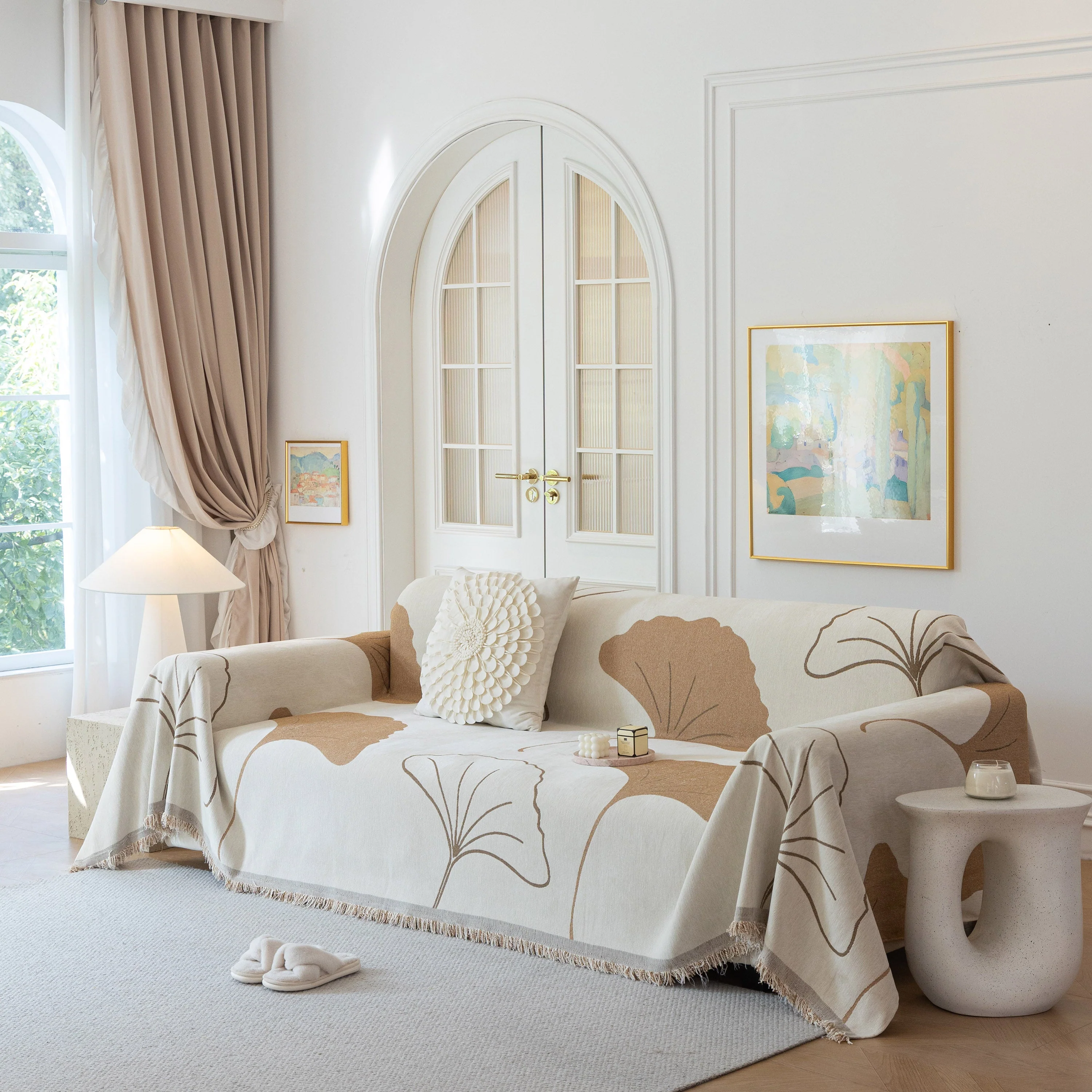Cozy Couch Throw Blanket with Tassels, Jacquard Leaf Pattern Furniture Protector - Image 89