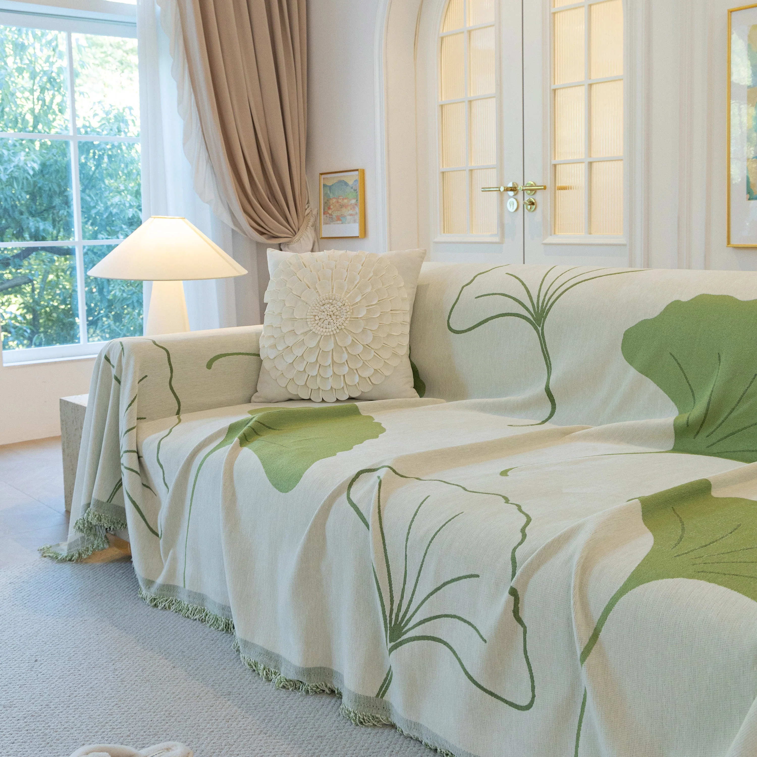 Cozy Couch Throw Blanket with Tassels, Jacquard Leaf Pattern Furniture Protector - Image 9