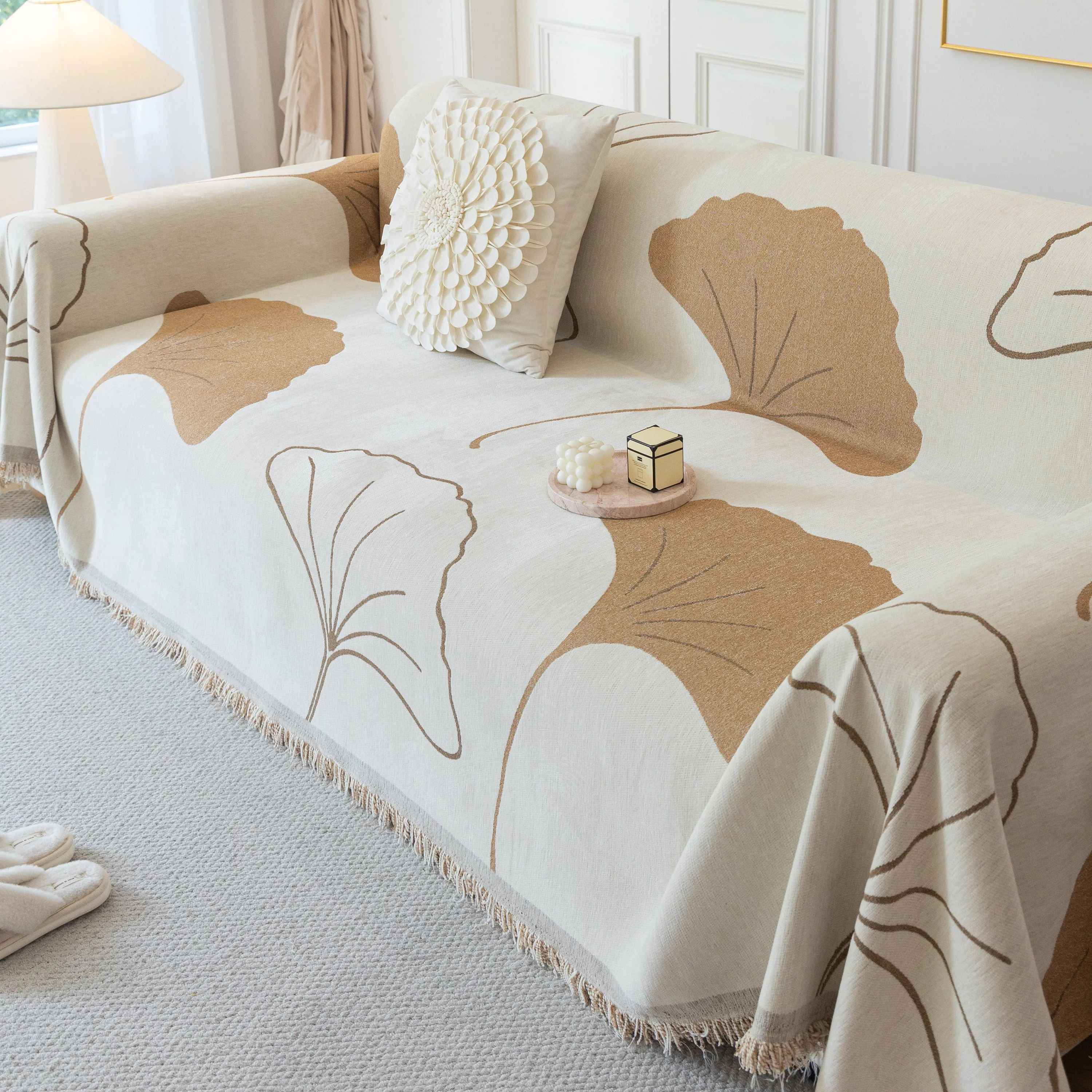 Cozy Couch Throw Blanket with Tassels, Jacquard Leaf Pattern Furniture Protector - Image 91