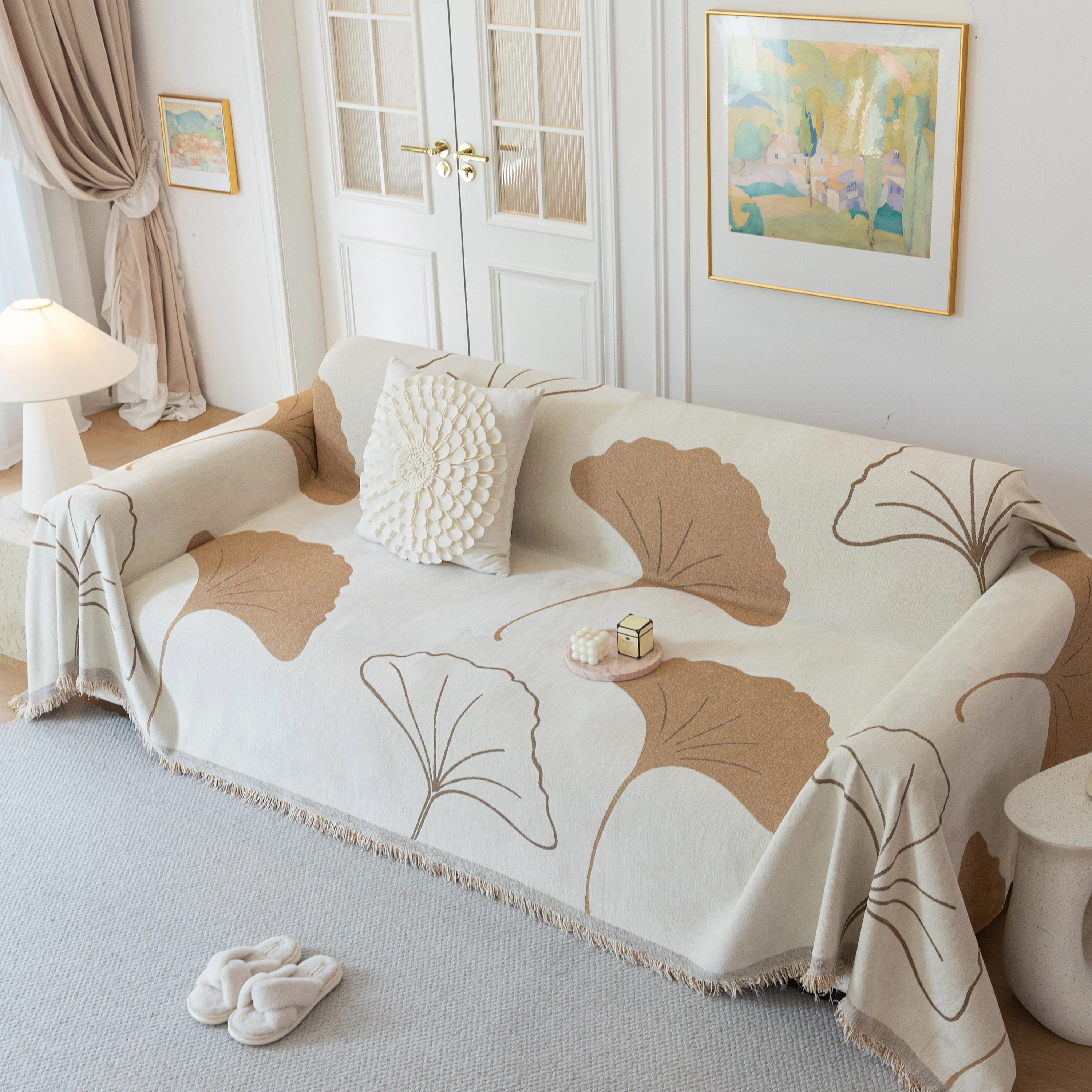 Cozy Couch Throw Blanket with Tassels, Jacquard Leaf Pattern Furniture Protector - Image 94