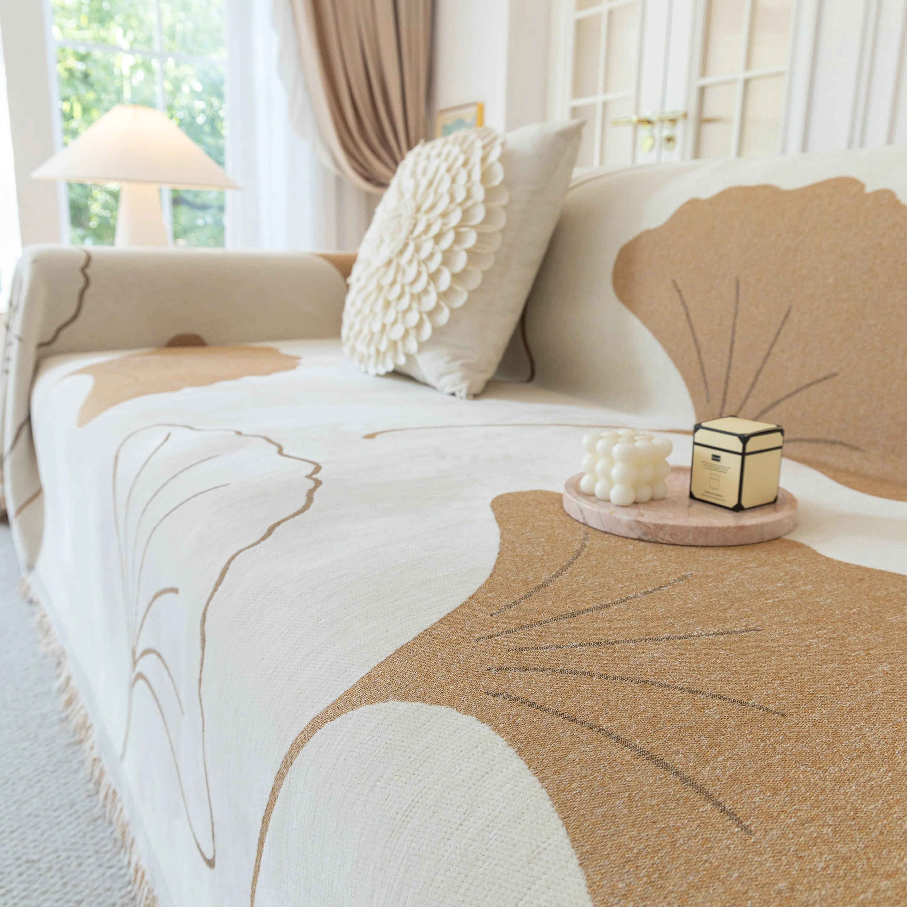 Cozy Couch Throw Blanket with Tassels, Jacquard Leaf Pattern Furniture Protector - Image 95