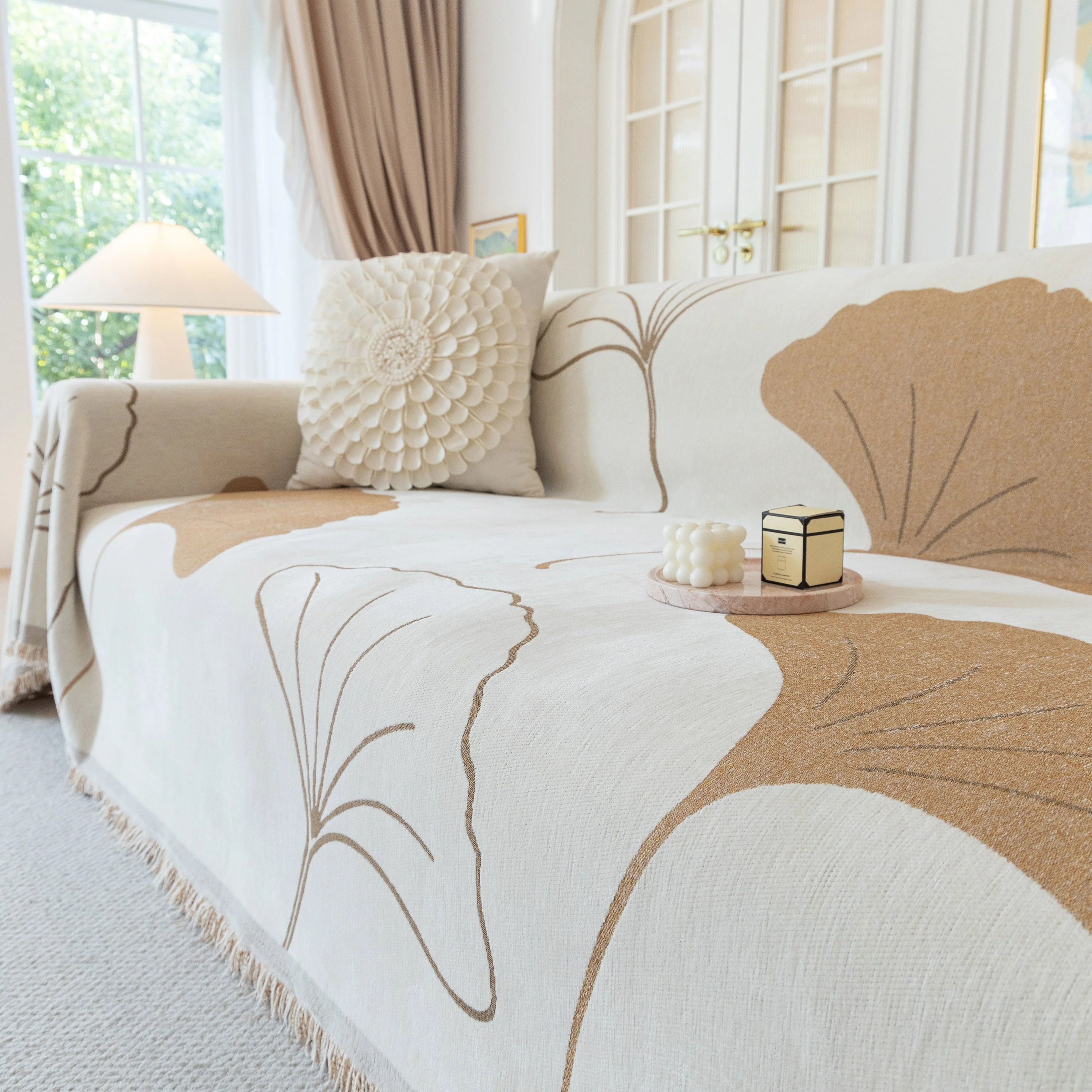 Cozy Couch Throw Blanket with Tassels, Jacquard Leaf Pattern Furniture Protector - Image 96