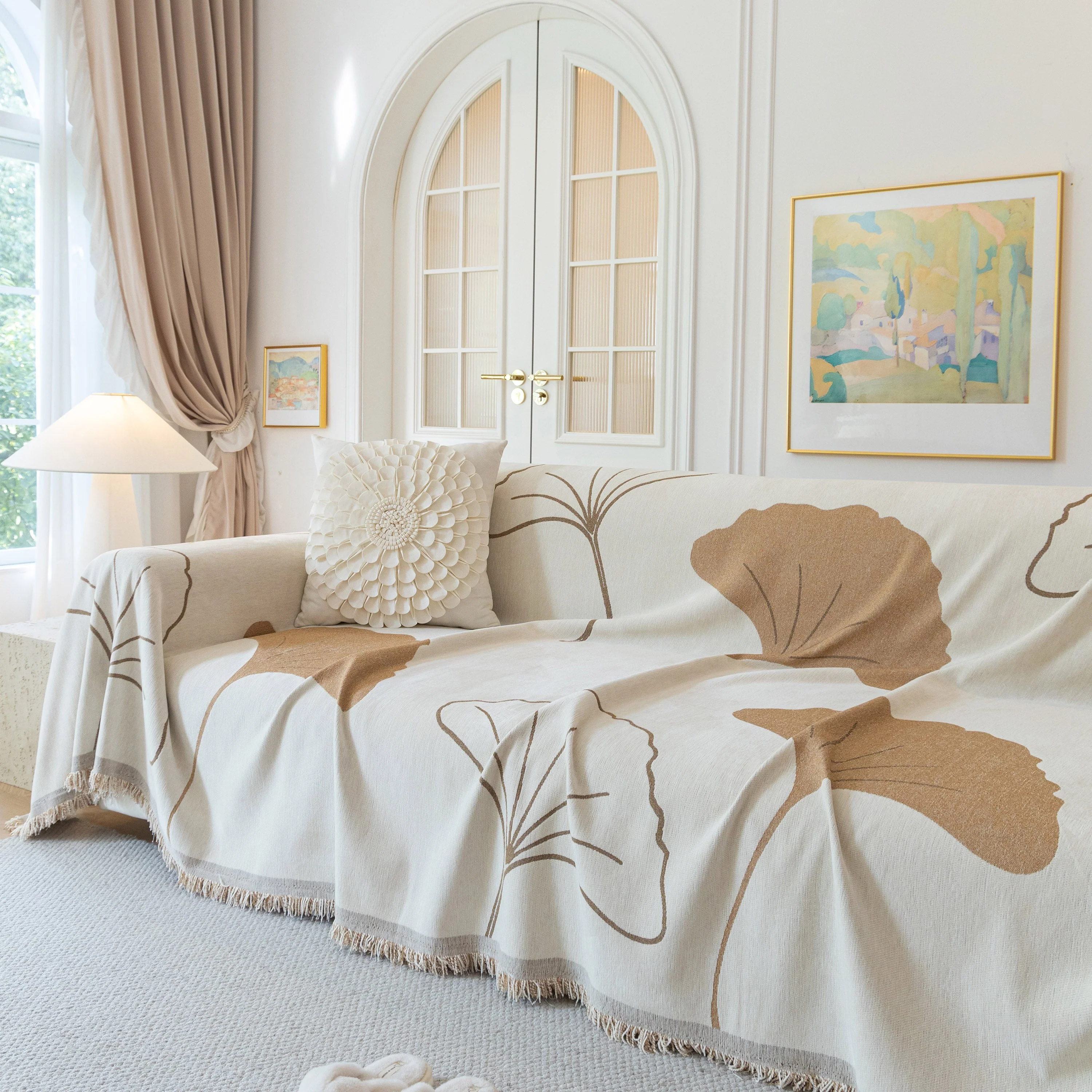 Cozy Couch Throw Blanket with Tassels, Jacquard Leaf Pattern Furniture Protector - Image 97