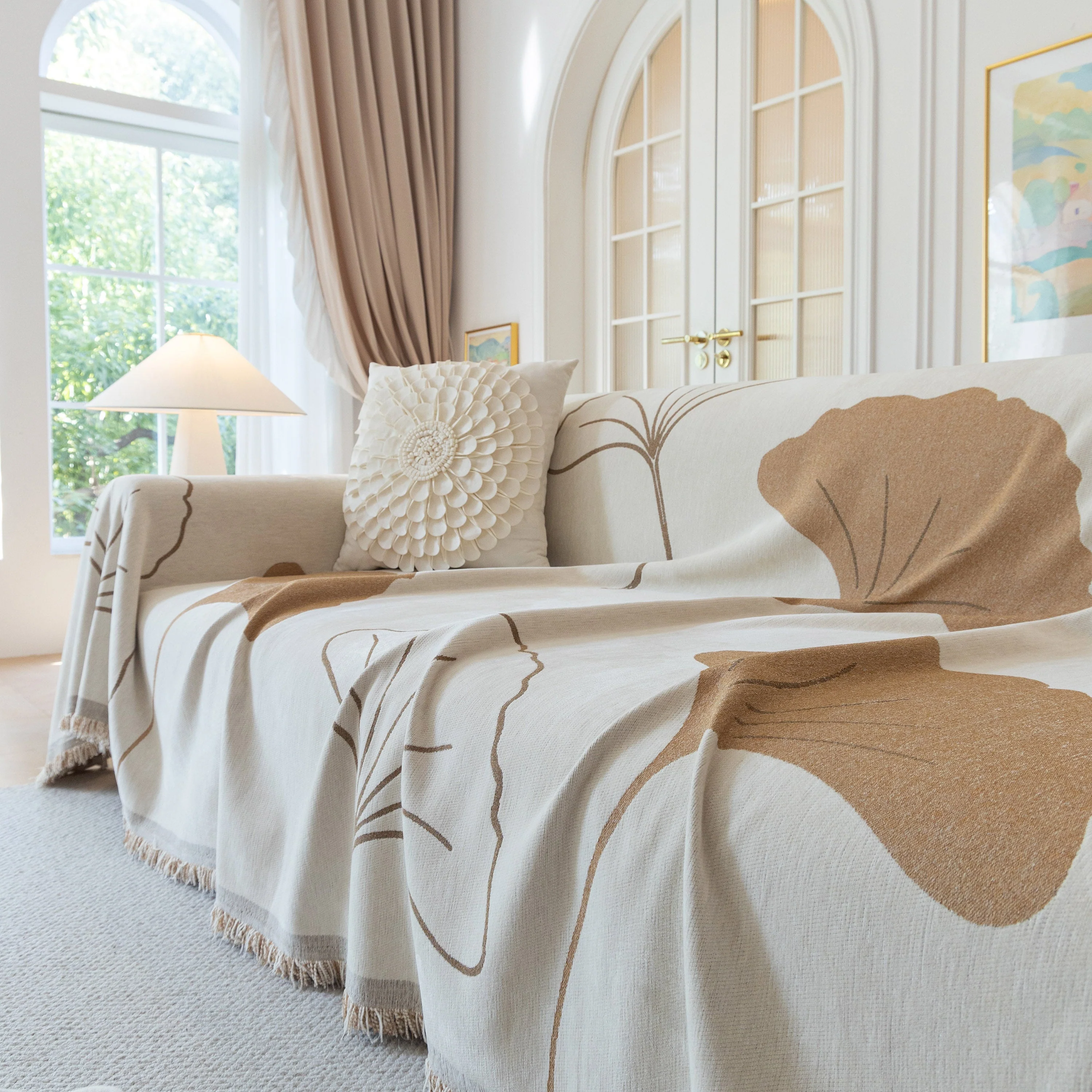 Cozy Couch Throw Blanket with Tassels, Jacquard Leaf Pattern Furniture Protector - Image 98