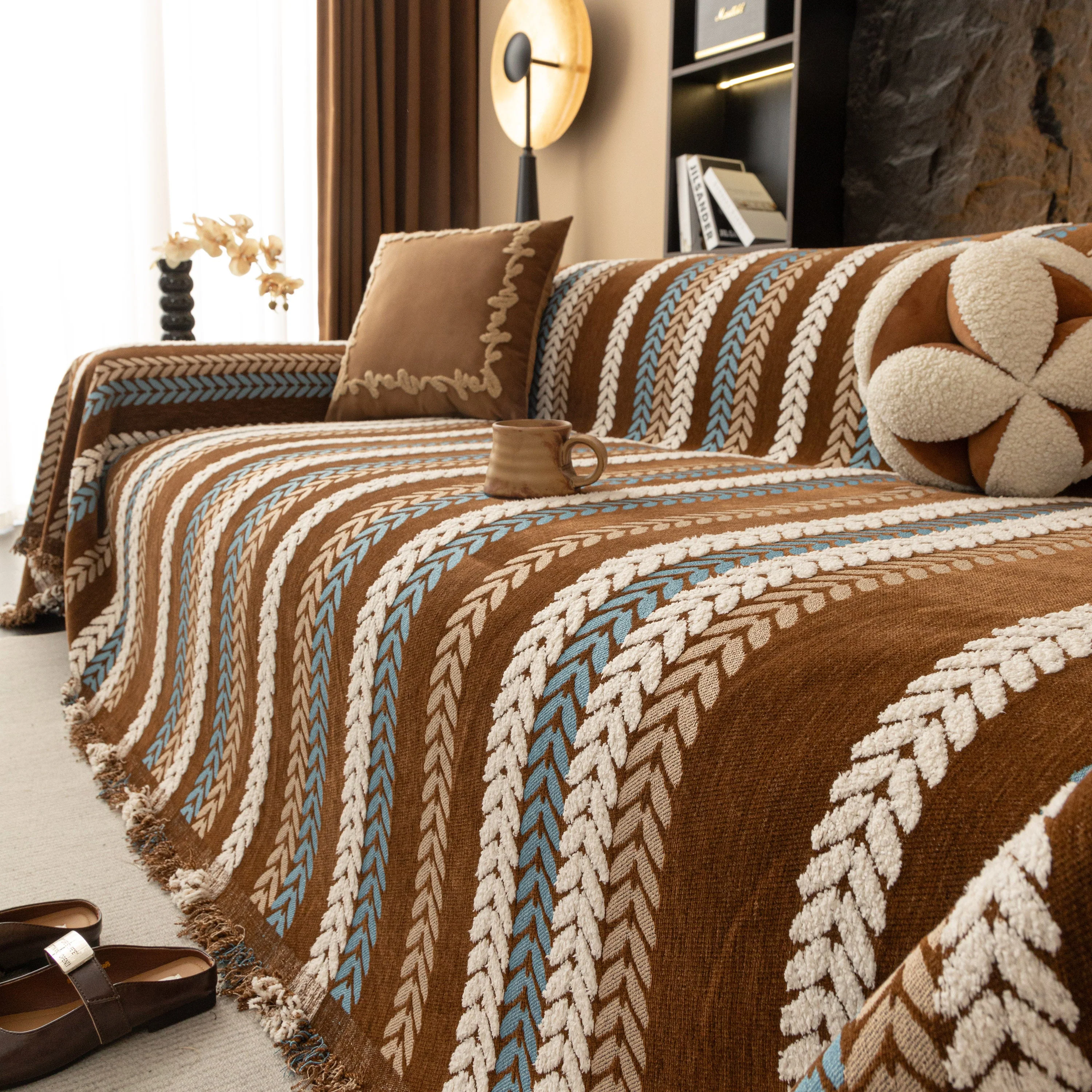 Cozy Decorative Throw Blanket for Couches, Boho Plush Woven Sofa Cover with Stripes - Image 10
