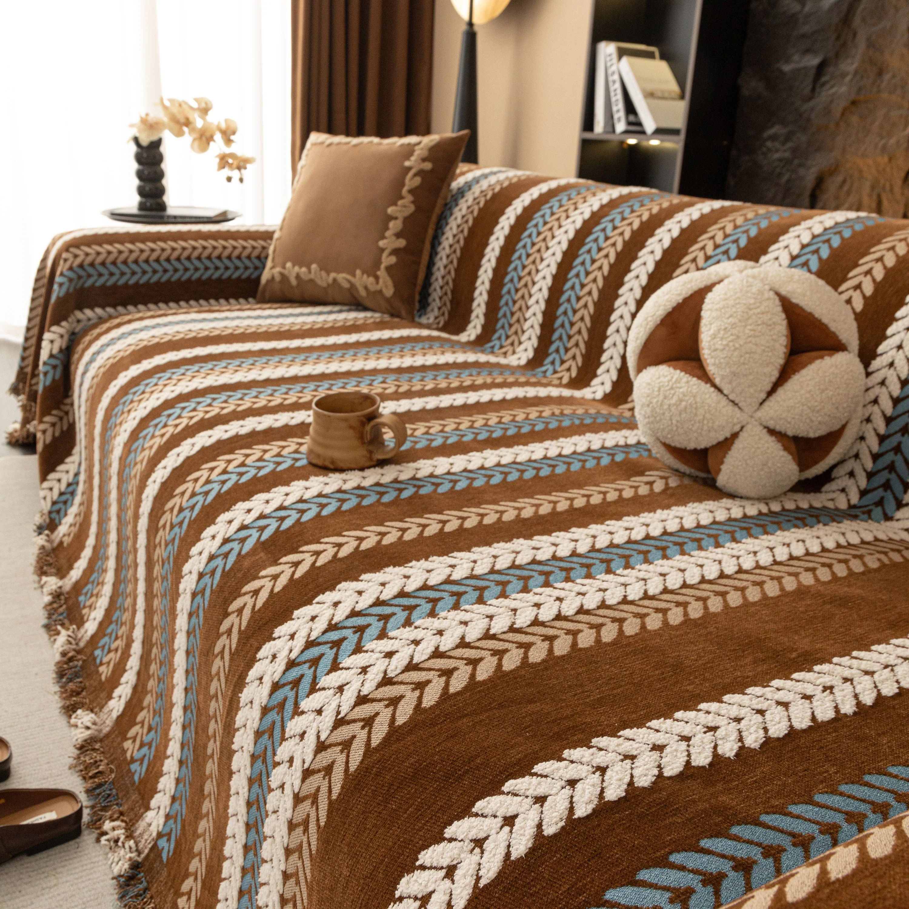 Cozy Decorative Throw Blanket for Couches, Boho Plush Woven Sofa Cover with Stripes - Image 11