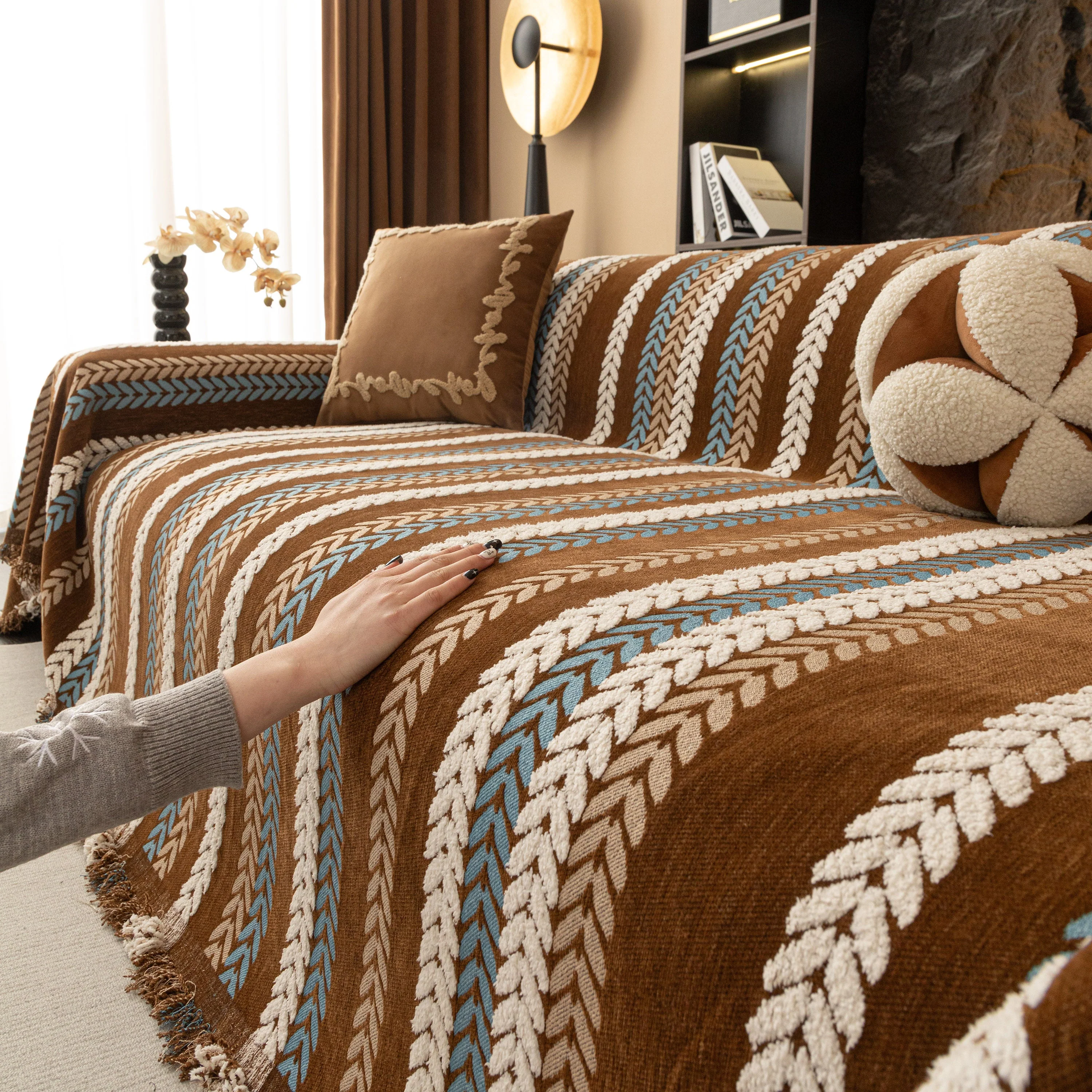 Cozy Decorative Throw Blanket for Couches, Boho Plush Woven Sofa Cover with Stripes - Image 12