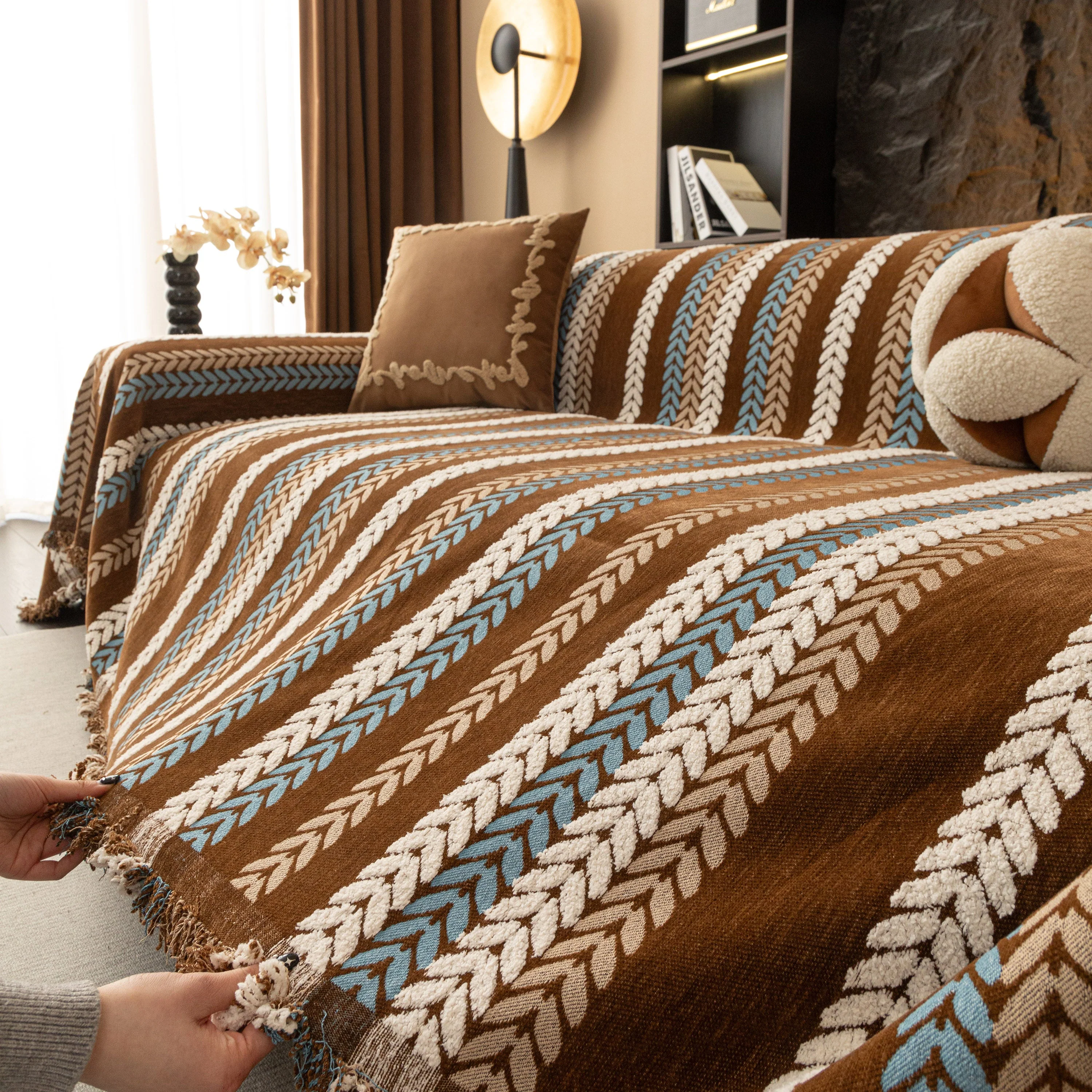 Cozy Decorative Throw Blanket for Couches, Boho Plush Woven Sofa Cover with Stripes - Image 13