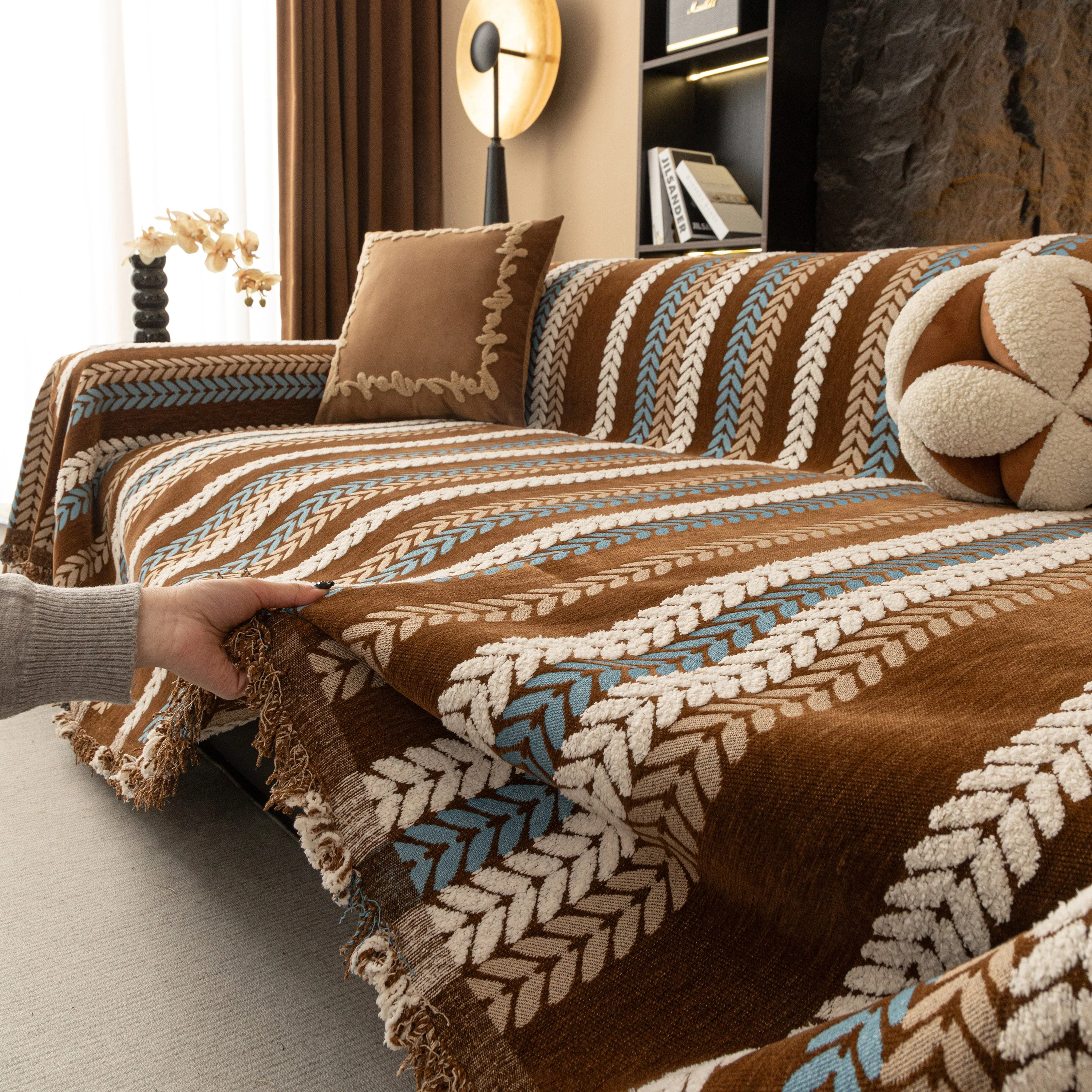 Cozy Decorative Throw Blanket for Couches, Boho Plush Woven Sofa Cover with Stripes - Image 14