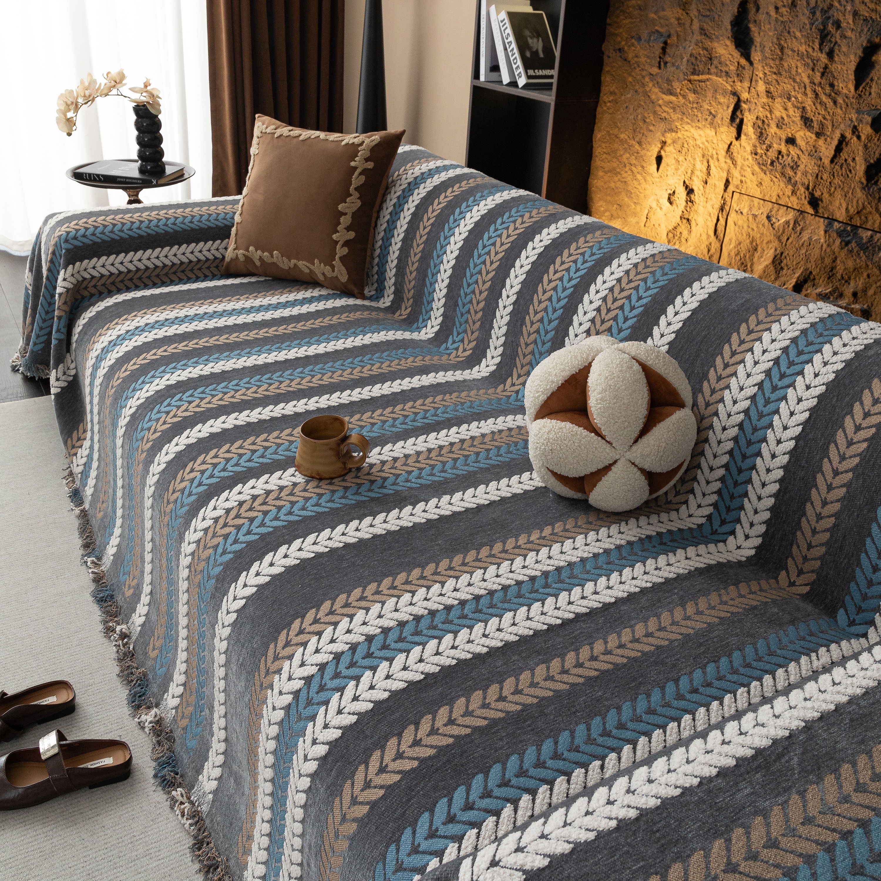 Cozy Decorative Throw Blanket for Couches, Boho Plush Woven Sofa Cover with Stripes - Image 29