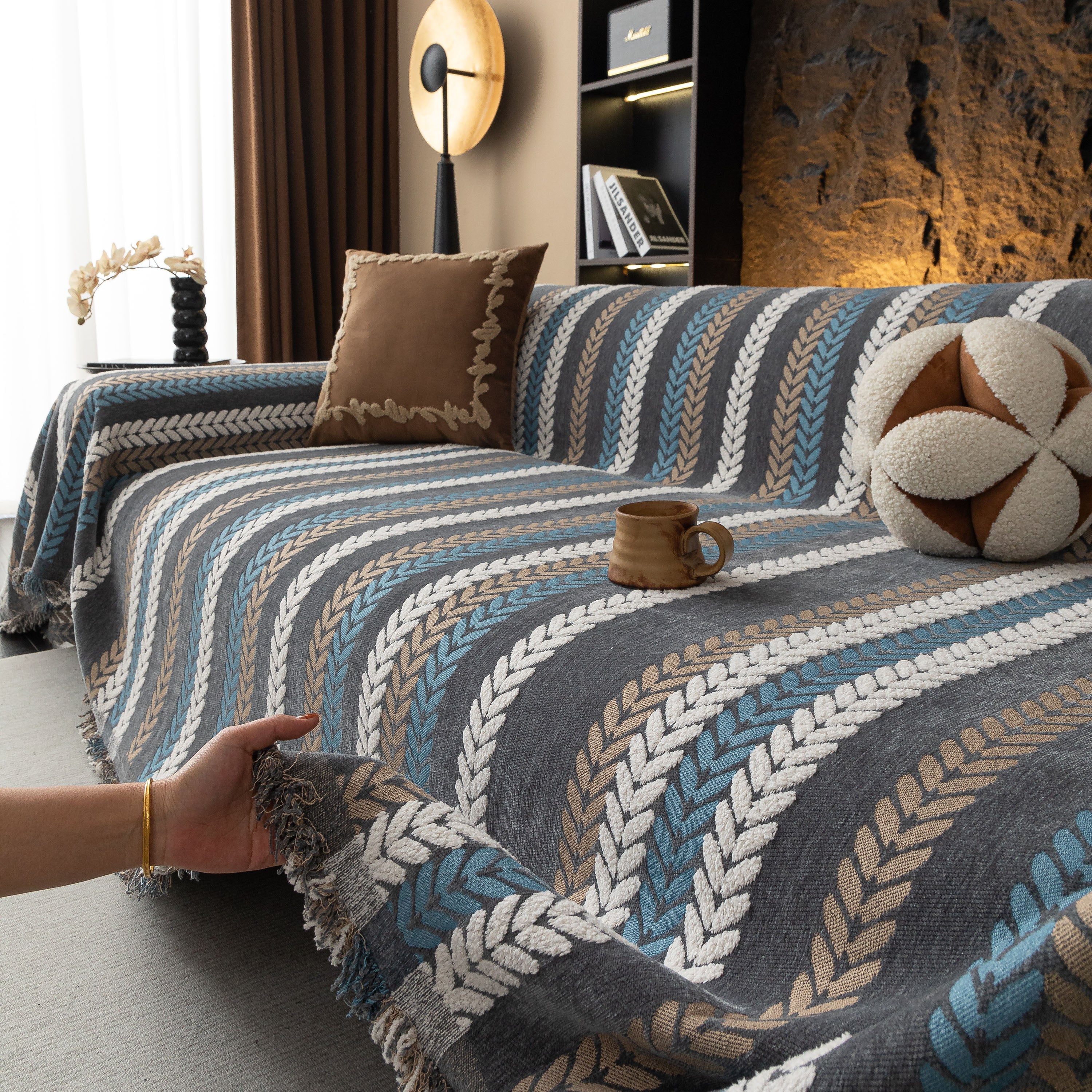 Cozy Decorative Throw Blanket for Couches, Boho Plush Woven Sofa Cover with Stripes - Image 36