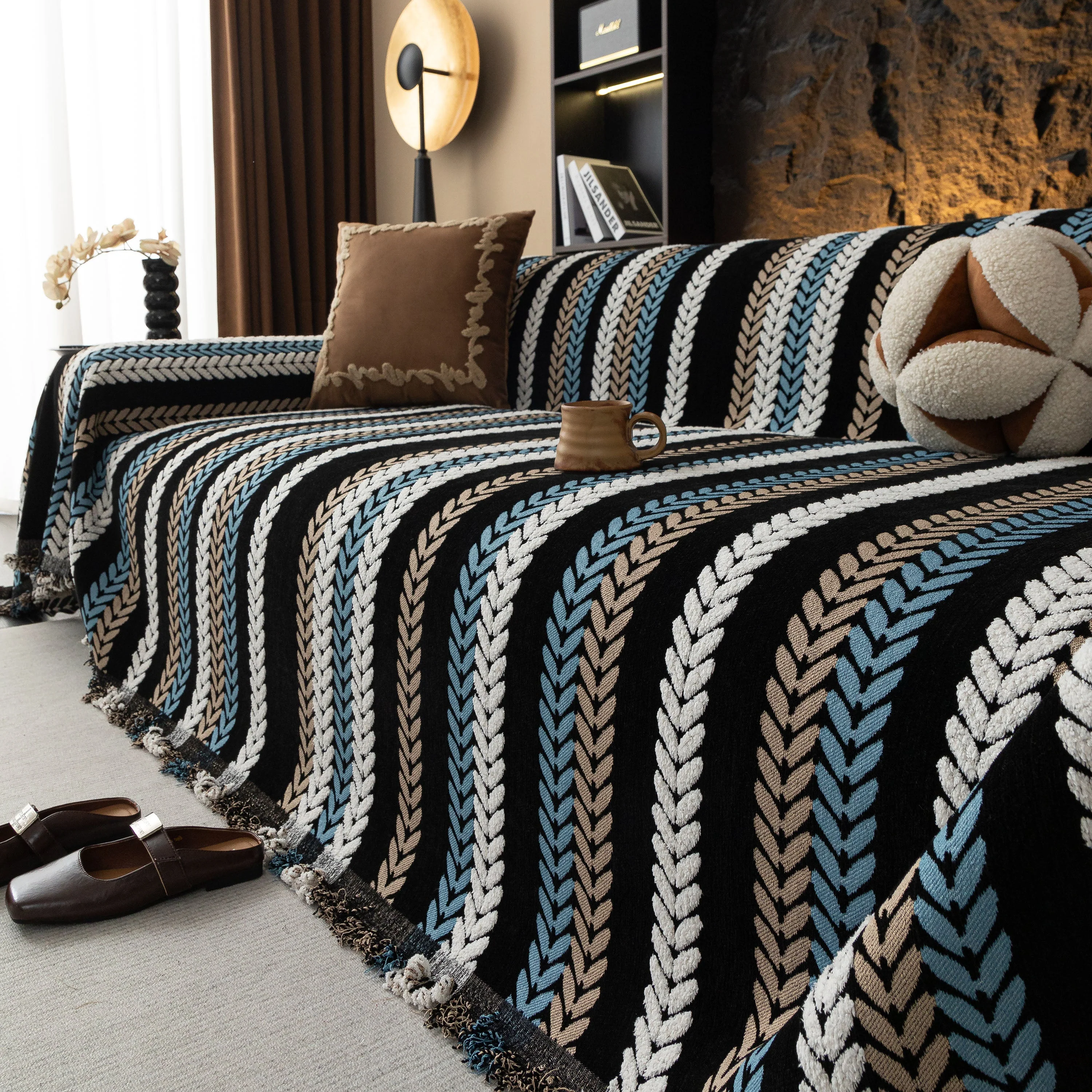 Cozy Decorative Throw Blanket for Couches, Boho Plush Woven Sofa Cover with Stripes - Image 41