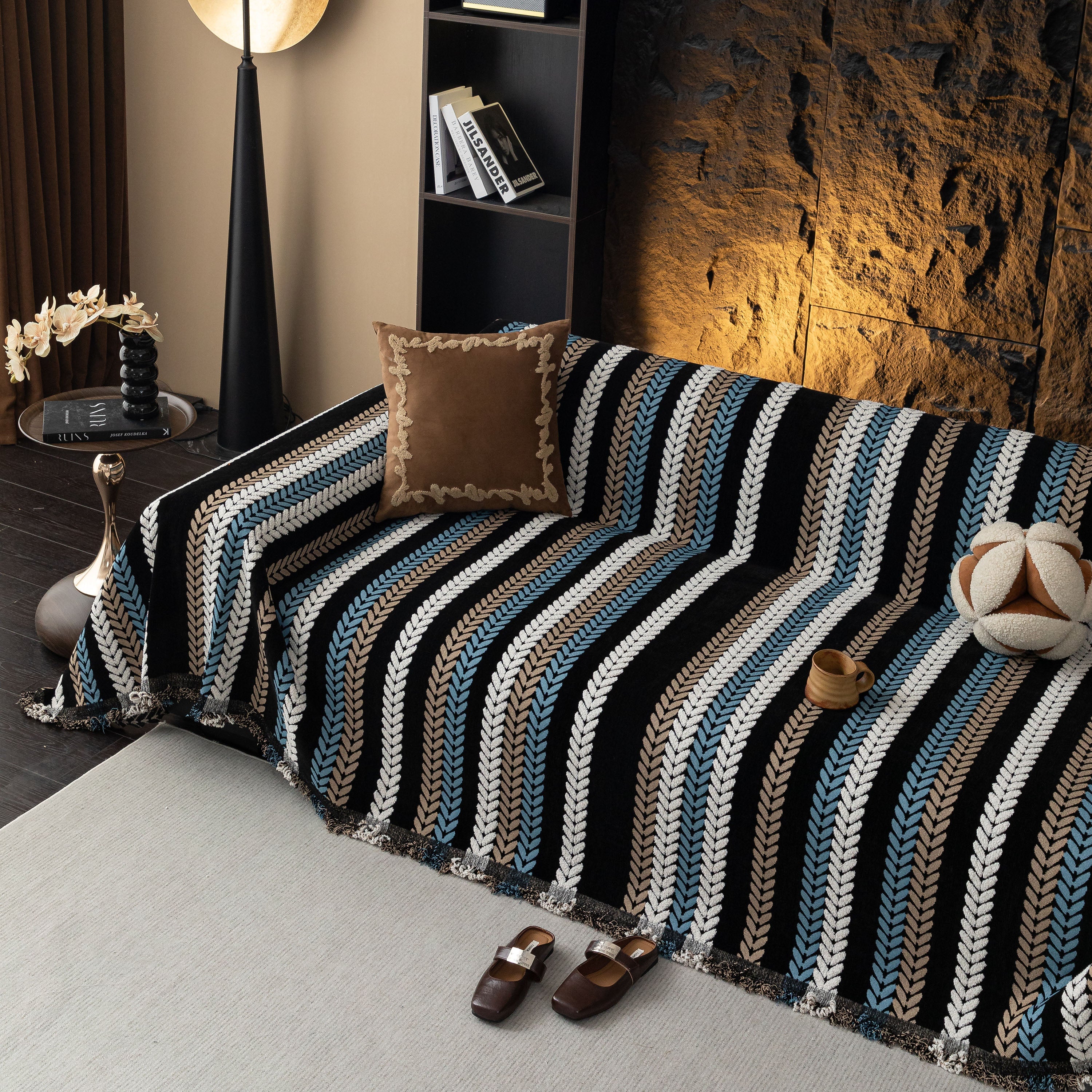 Cozy Decorative Throw Blanket for Couches, Boho Plush Woven Sofa Cover with Stripes - Image 45