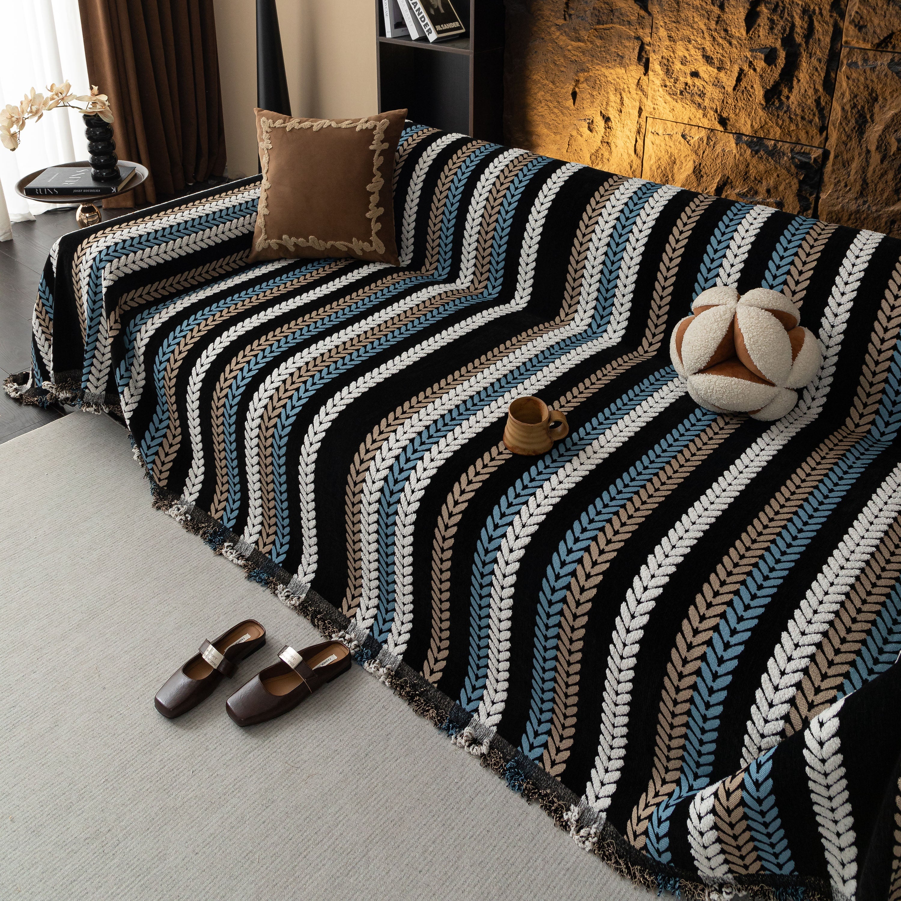 Cozy Decorative Throw Blanket for Couches, Boho Plush Woven Sofa Cover with Stripes - Image 49