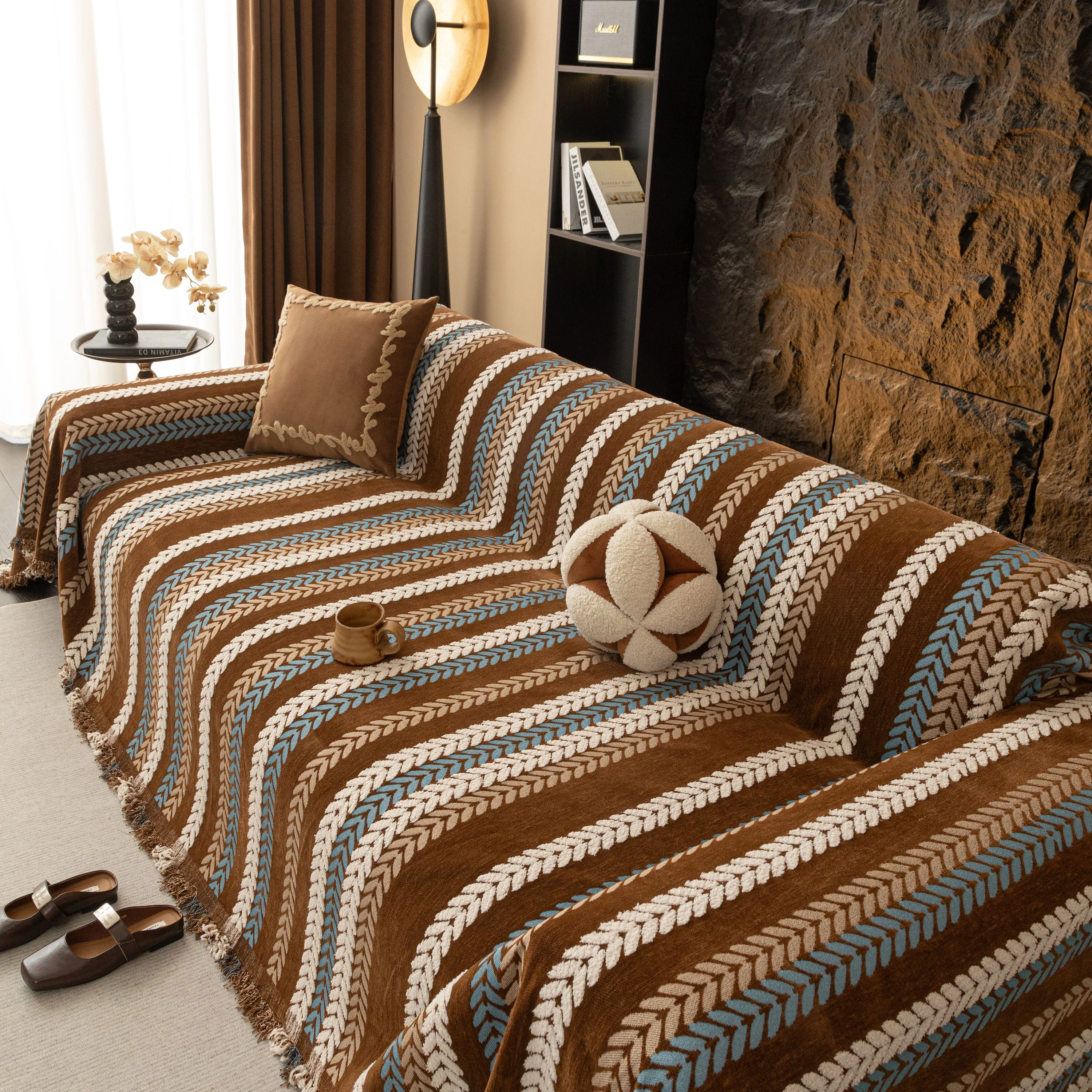 Cozy Decorative Throw Blanket for Couches, Boho Plush Woven Sofa Cover with Stripes - Image 5