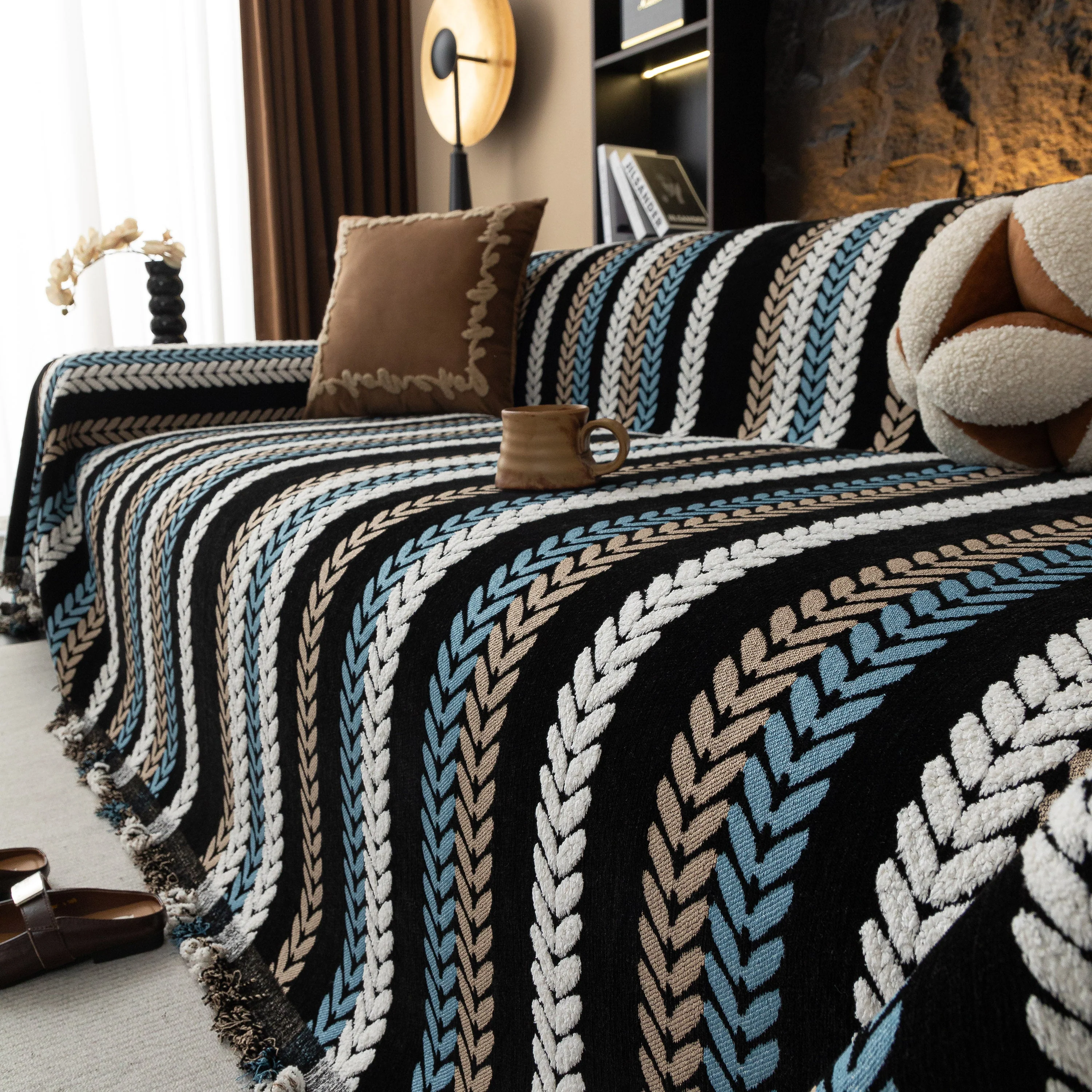 Cozy Decorative Throw Blanket for Couches, Boho Plush Woven Sofa Cover with Stripes - Image 52