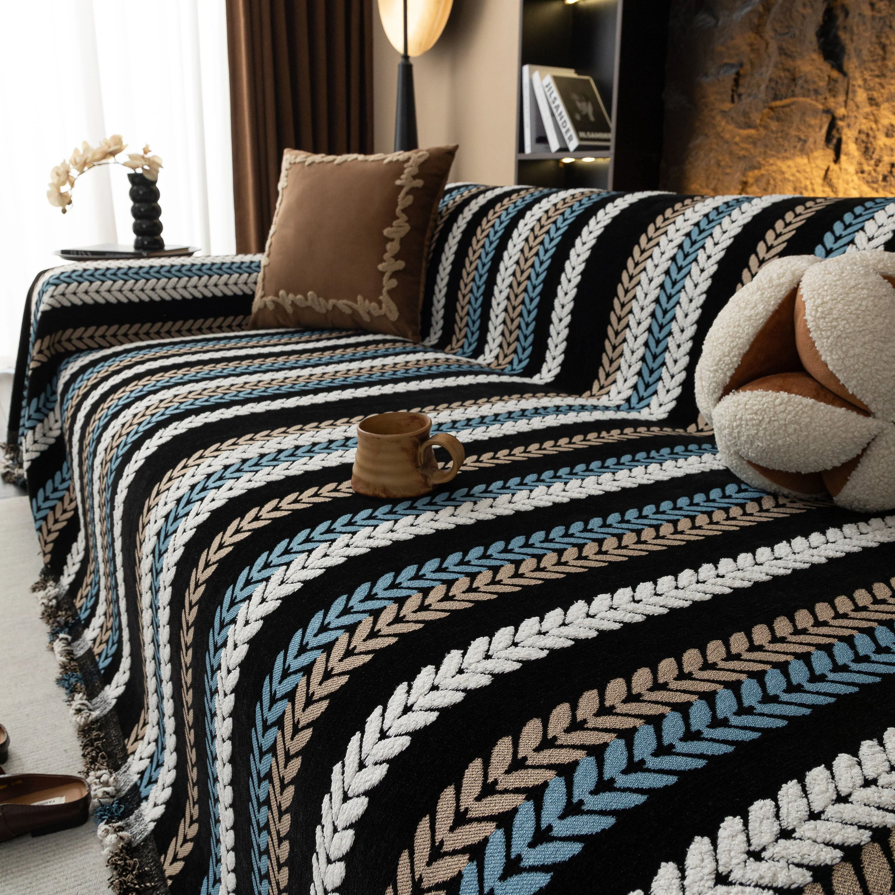 Cozy Decorative Throw Blanket for Couches, Boho Plush Woven Sofa Cover with Stripes - Image 53