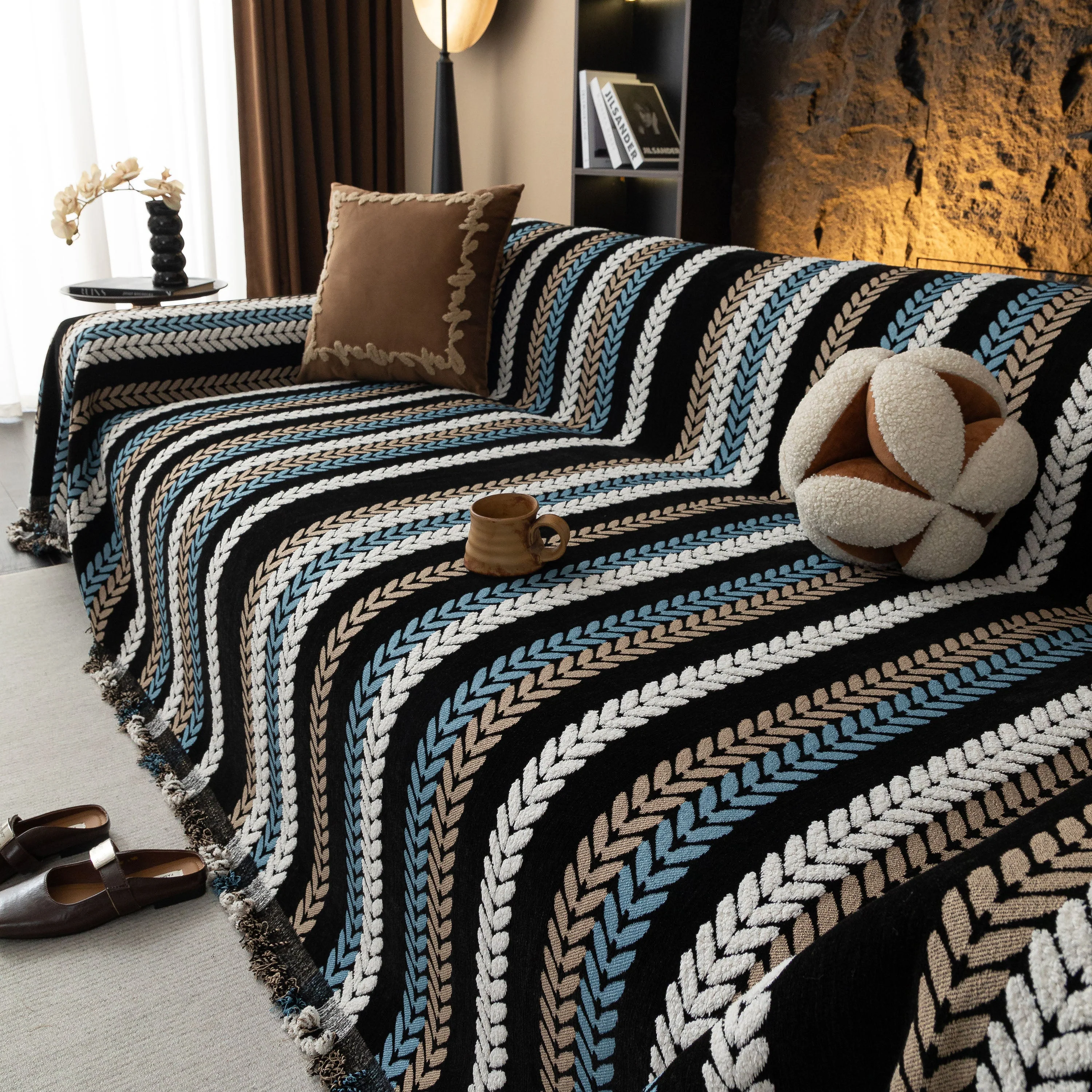 Cozy Decorative Throw Blanket for Couches, Boho Plush Woven Sofa Cover with Stripes - Image 54