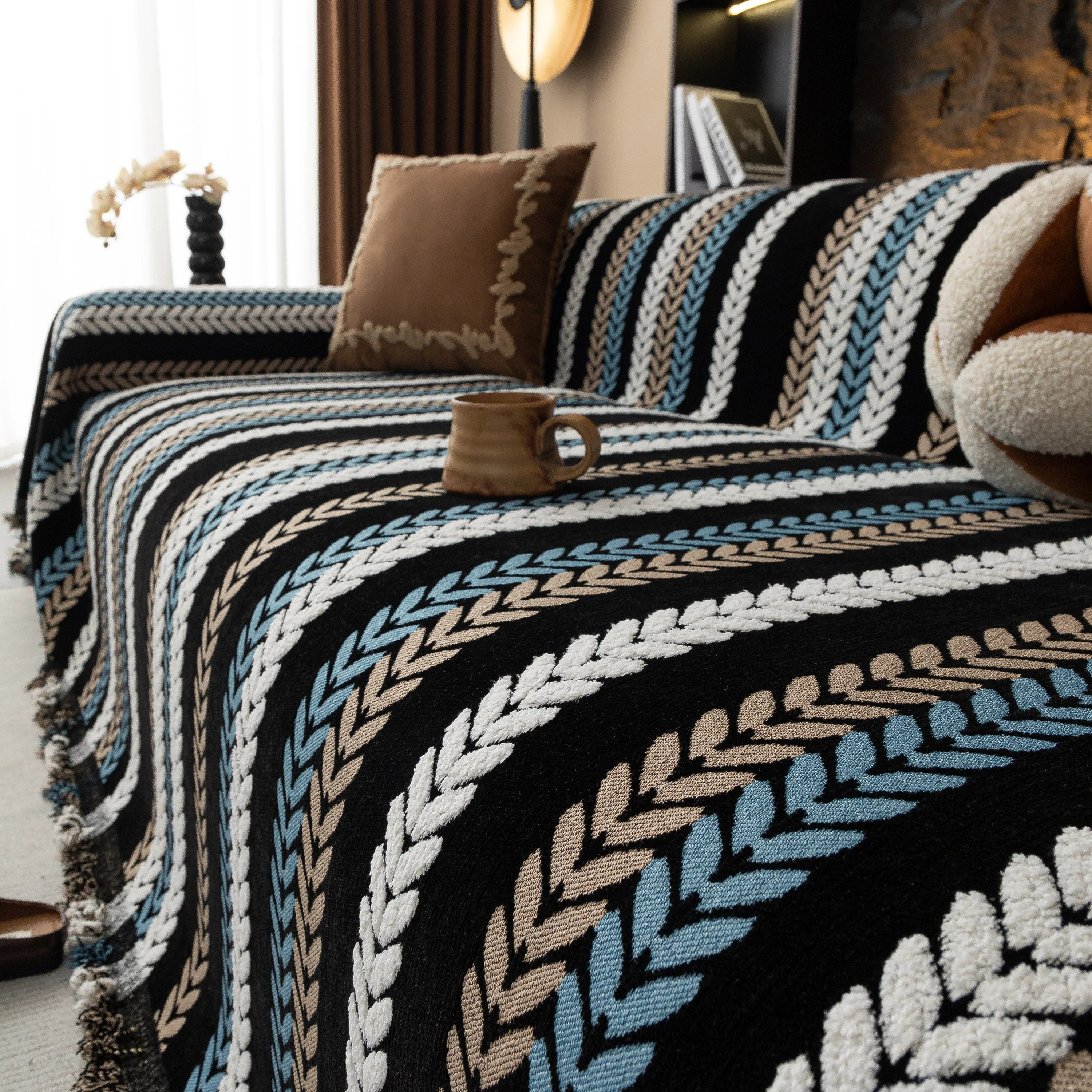 Cozy Decorative Throw Blanket for Couches, Boho Plush Woven Sofa Cover with Stripes - Image 55