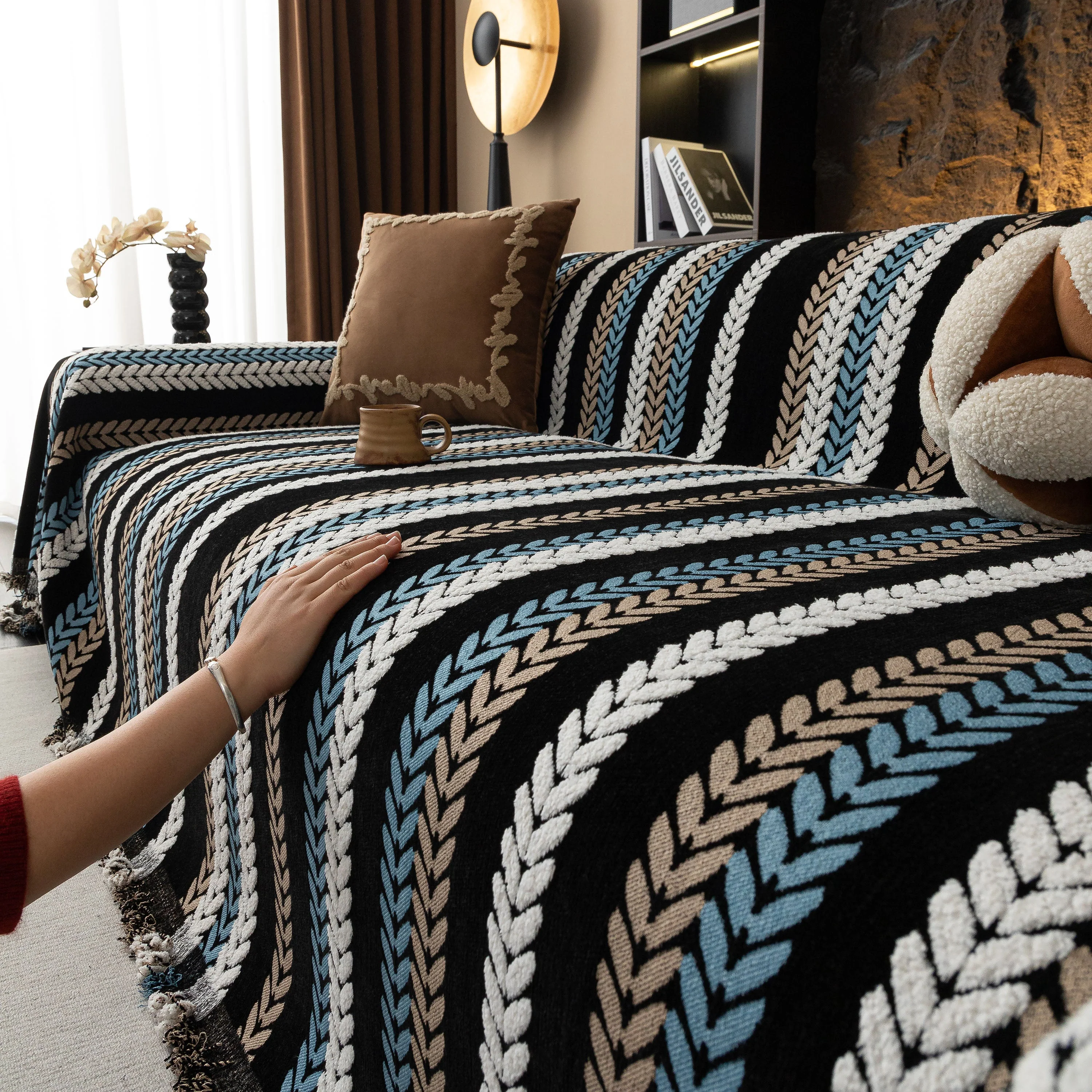 Cozy Decorative Throw Blanket for Couches, Boho Plush Woven Sofa Cover with Stripes - Image 56