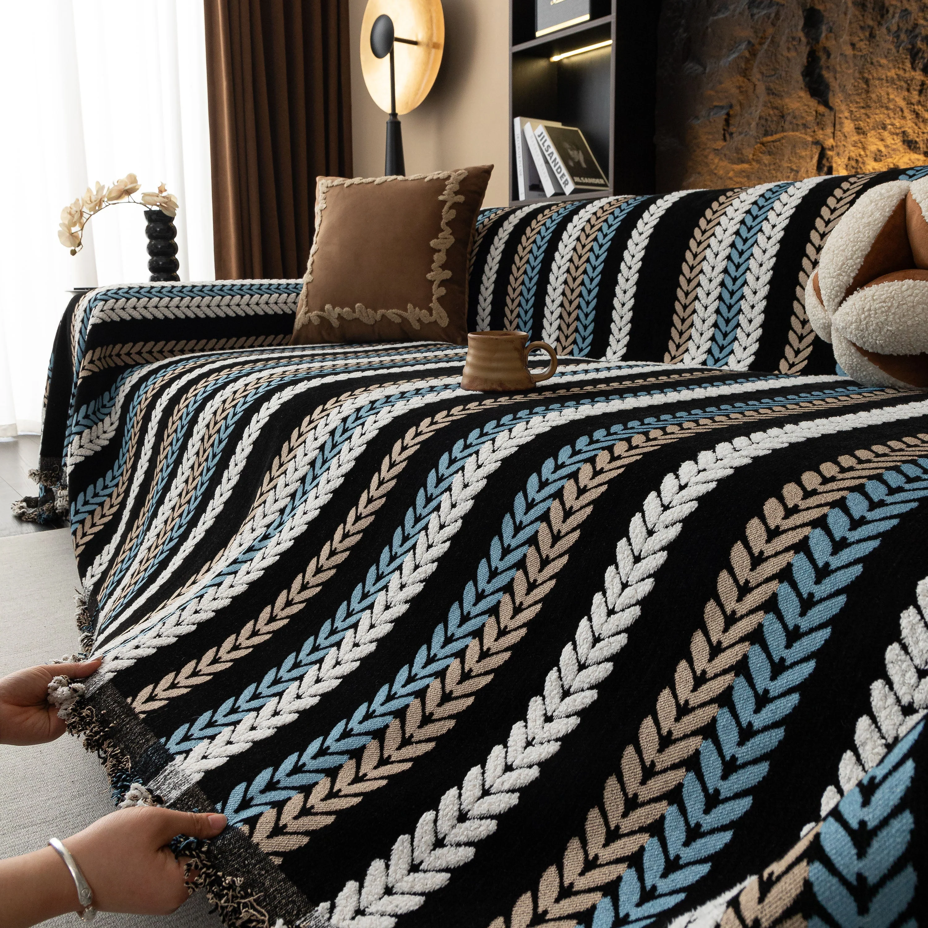 Cozy Decorative Throw Blanket for Couches, Boho Plush Woven Sofa Cover with Stripes - Image 57