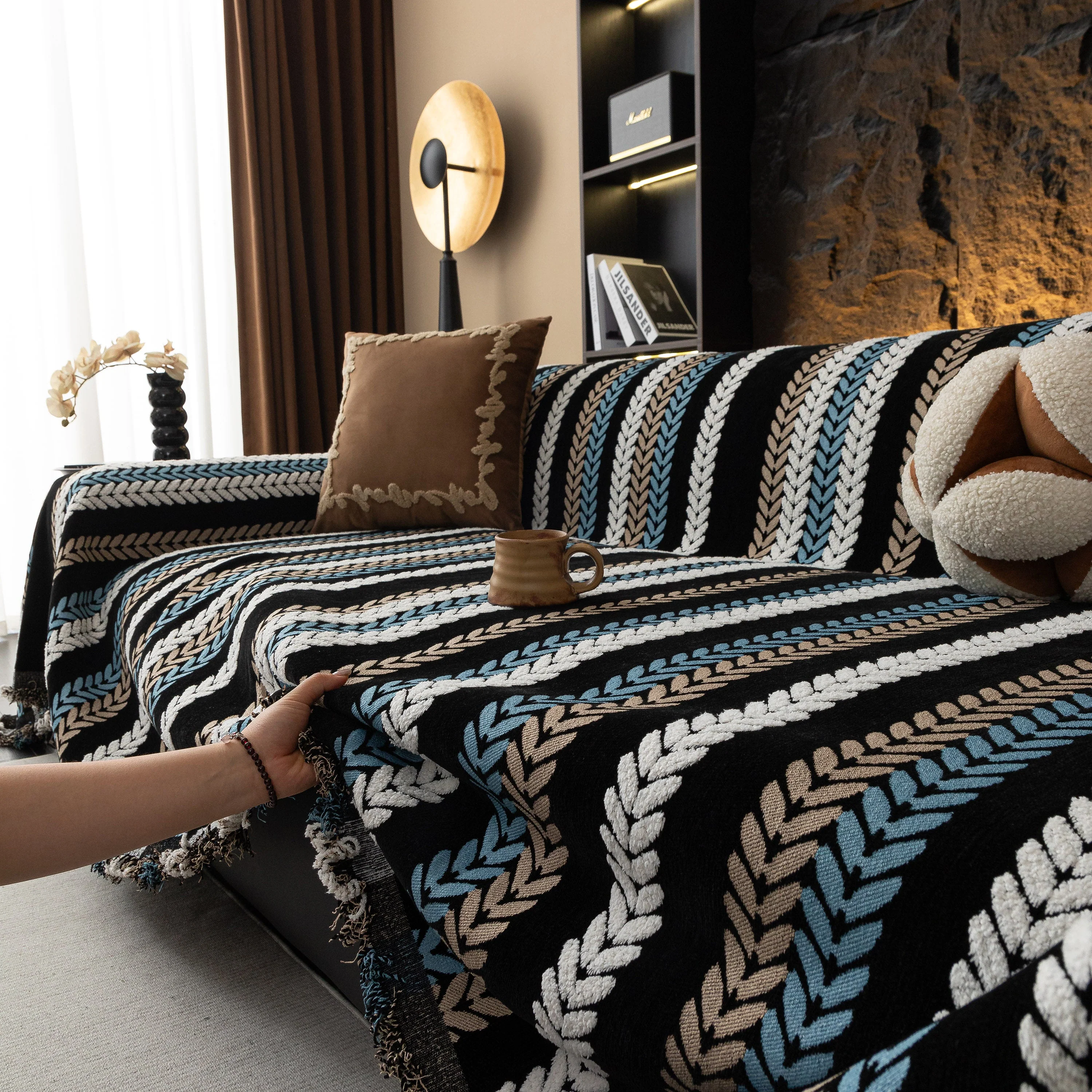 Cozy Decorative Throw Blanket for Couches, Boho Plush Woven Sofa Cover with Stripes - Image 58