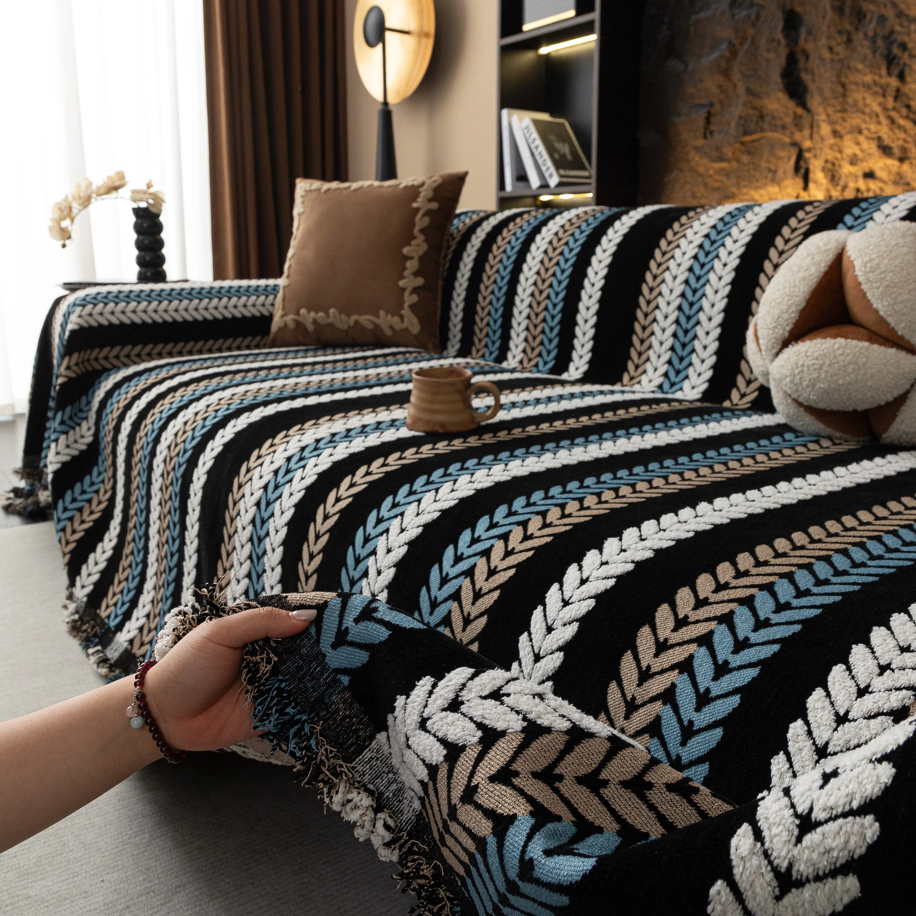 Cozy Decorative Throw Blanket for Couches, Boho Plush Woven Sofa Cover with Stripes - Image 59