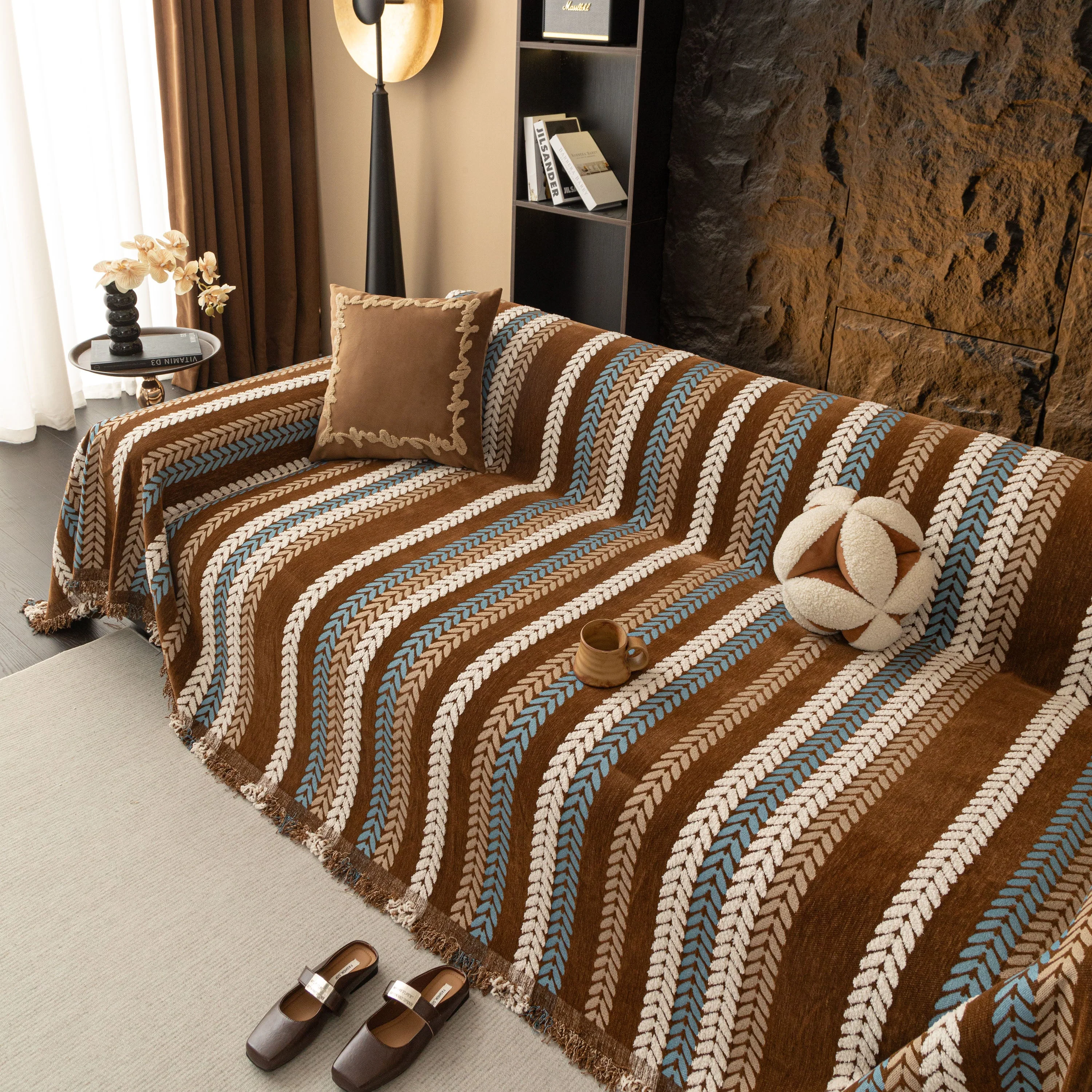 Cozy Decorative Throw Blanket for Couches, Boho Plush Woven Sofa Cover with Stripes - Image 6