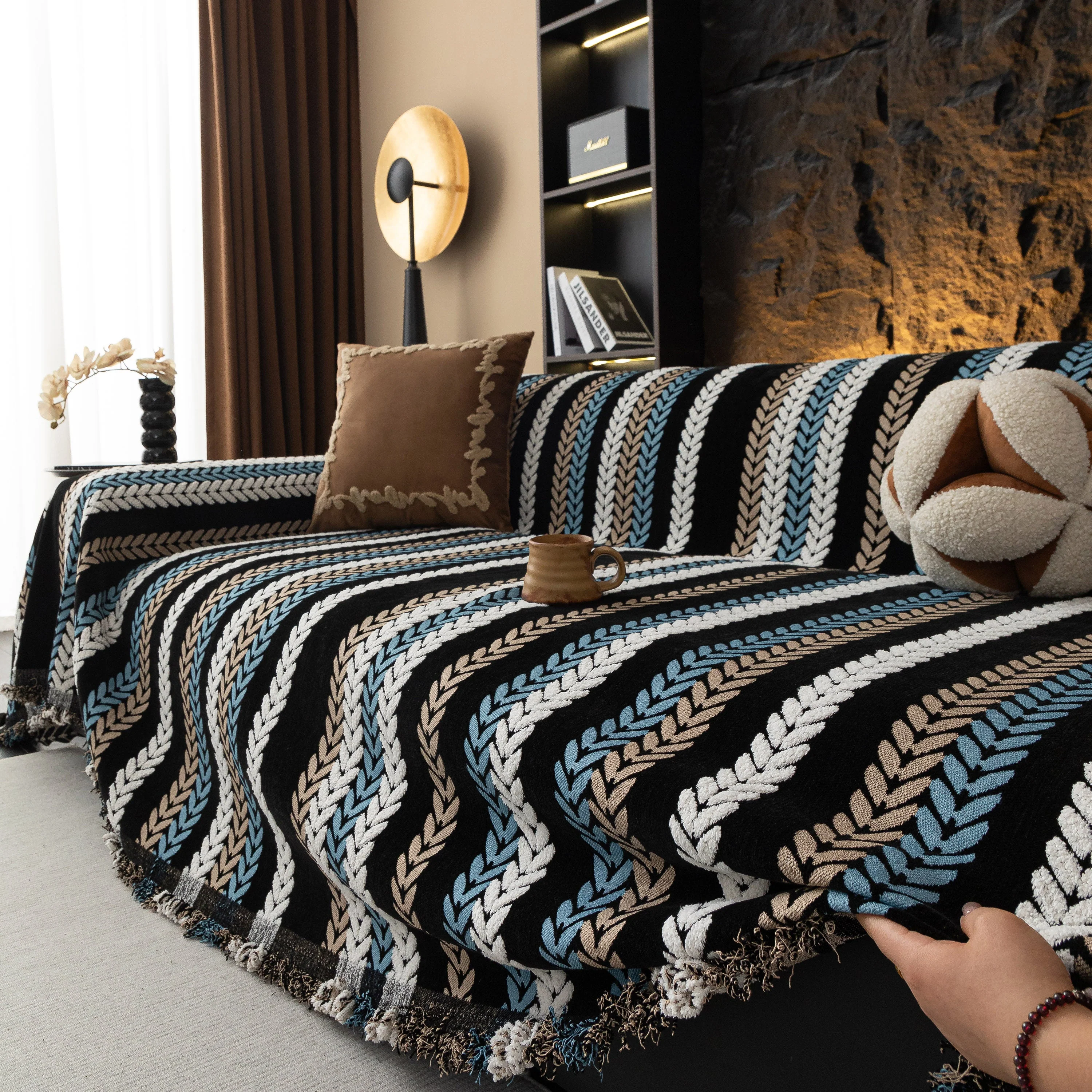 Cozy Decorative Throw Blanket for Couches, Boho Plush Woven Sofa Cover with Stripes - Image 60