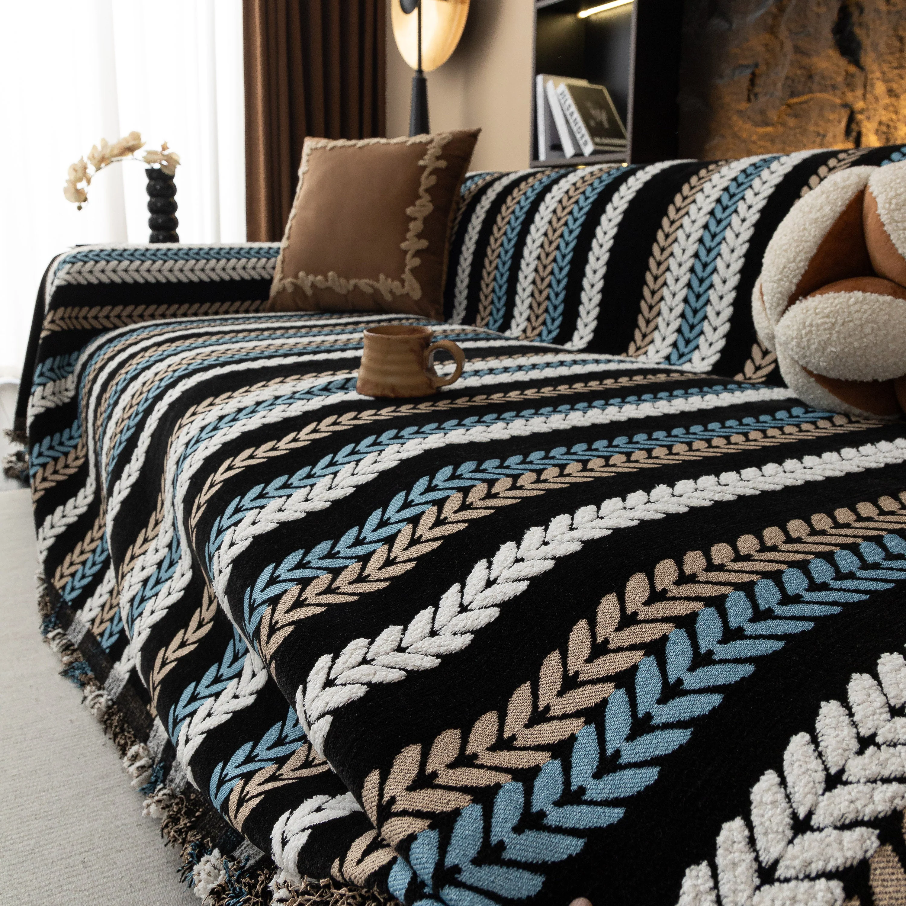 Cozy Decorative Throw Blanket for Couches, Boho Plush Woven Sofa Cover with Stripes - Image 61