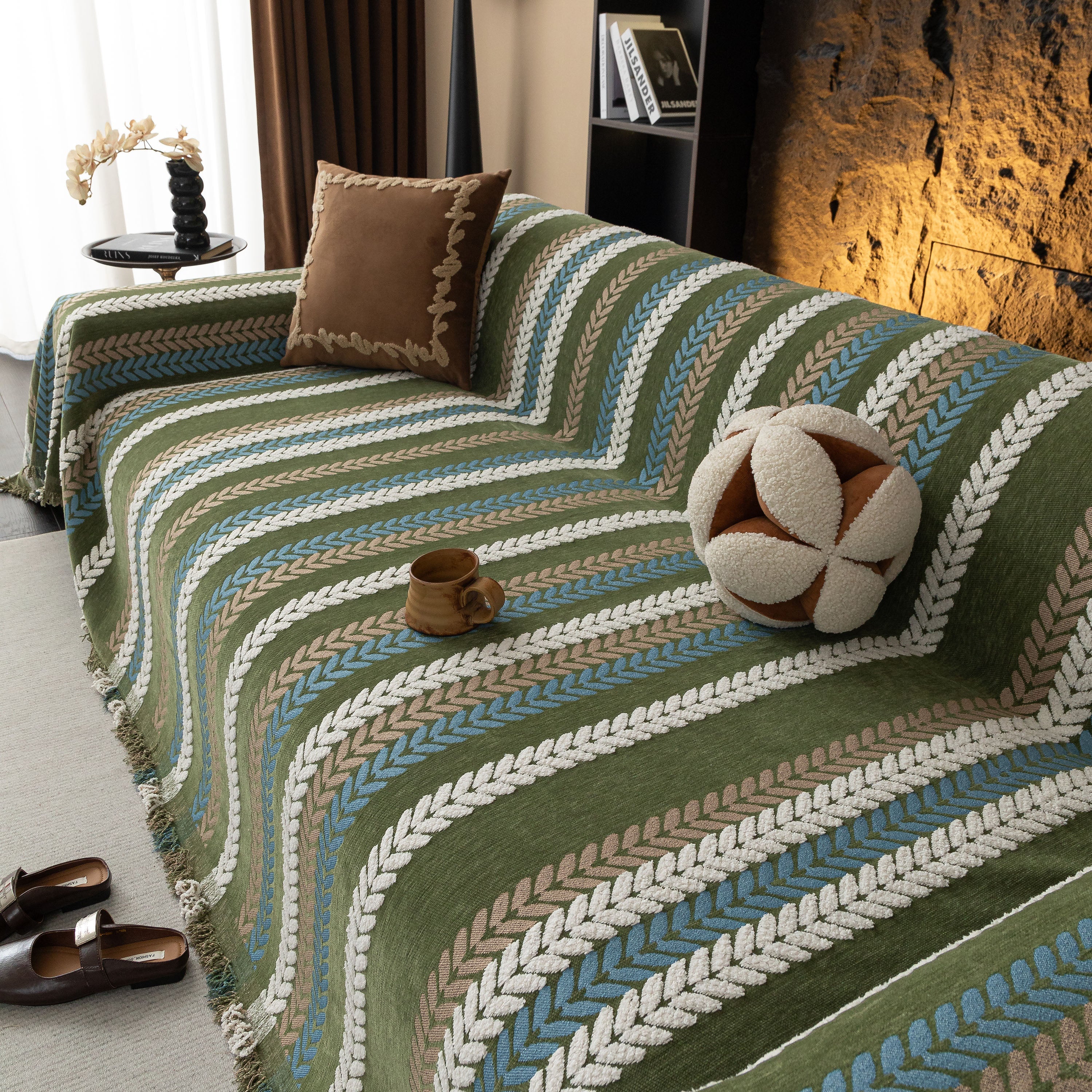 Cozy Decorative Throw Blanket for Couches, Boho Plush Woven Sofa Cover with Stripes - Image 74