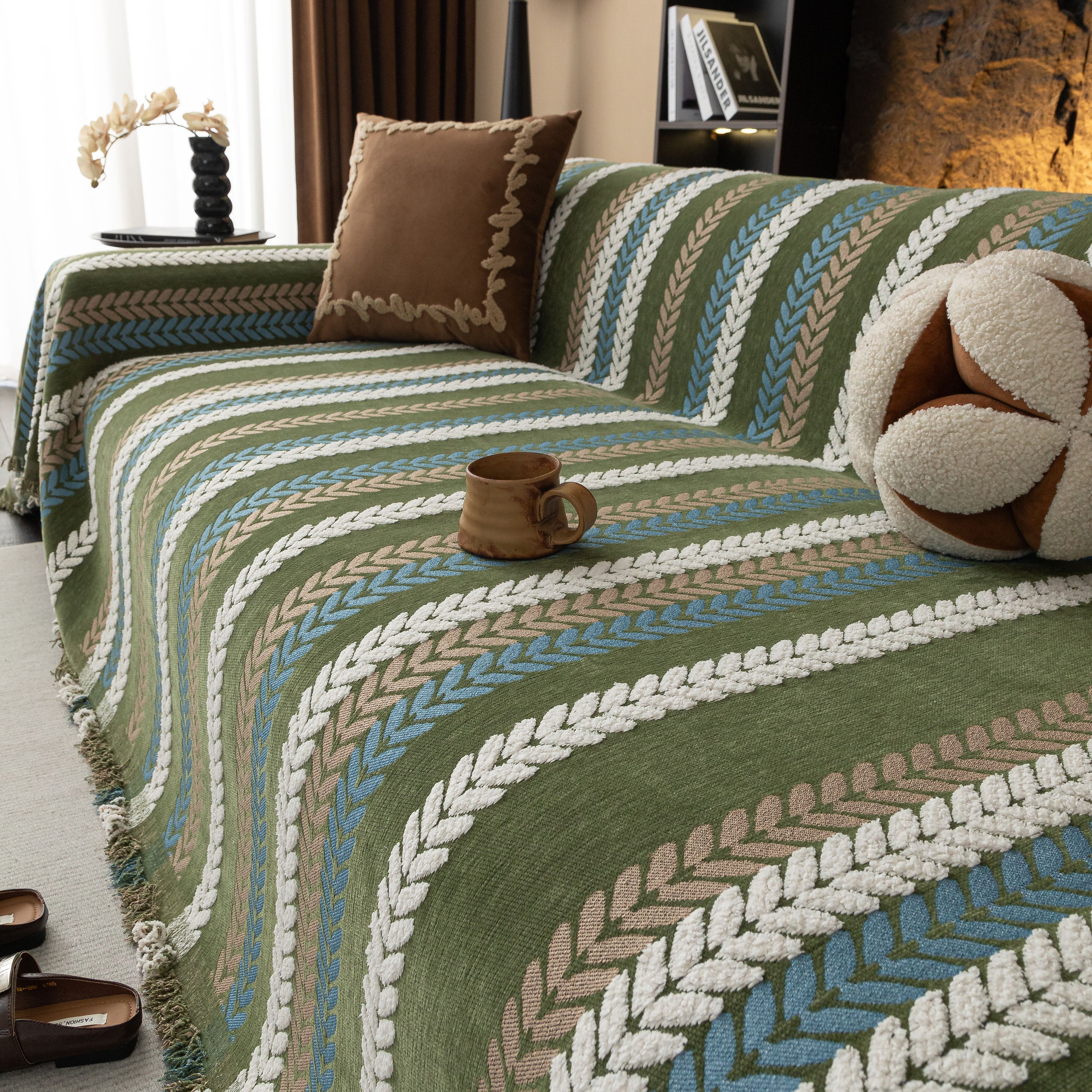 Cozy Decorative Throw Blanket for Couches, Boho Plush Woven Sofa Cover with Stripes - Image 77