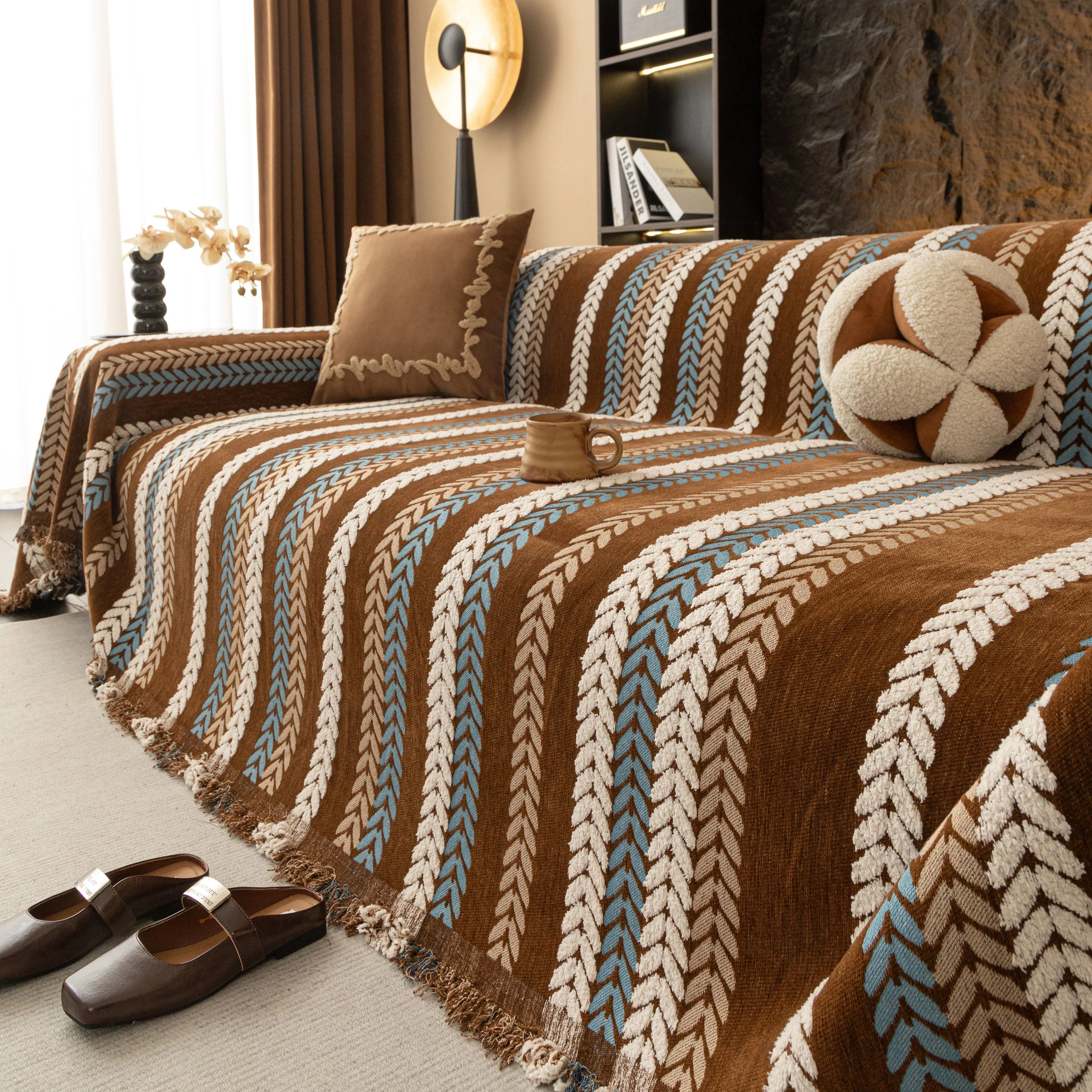 Cozy Decorative Throw Blanket for Couches, Boho Plush Woven Sofa Cover with Stripes - Image 9