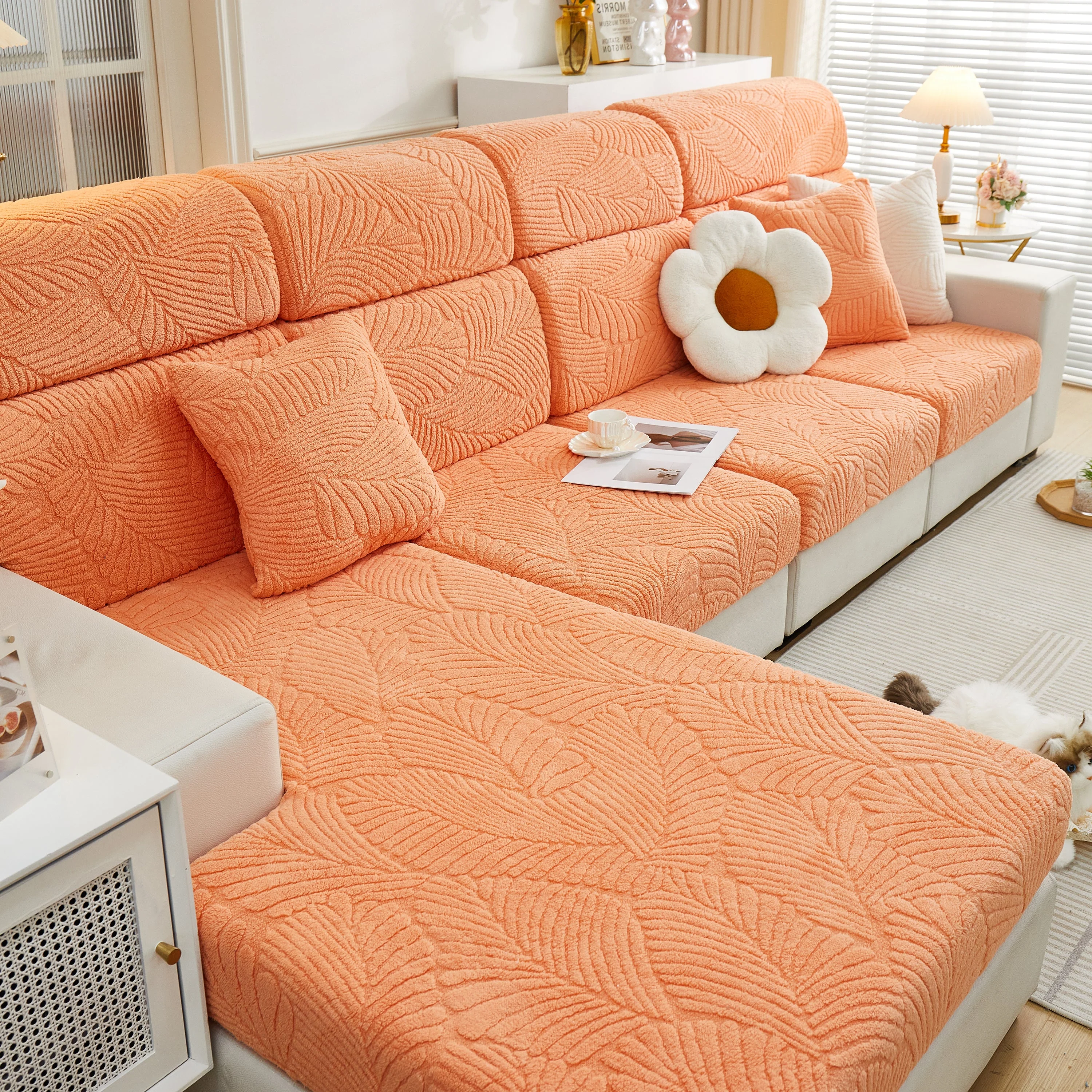Cozy Plush Coral Fleece Sofa Cushion Slipcovers, Stretch Leaves Cushion Covers, Furniture Slipcovers - Image 100