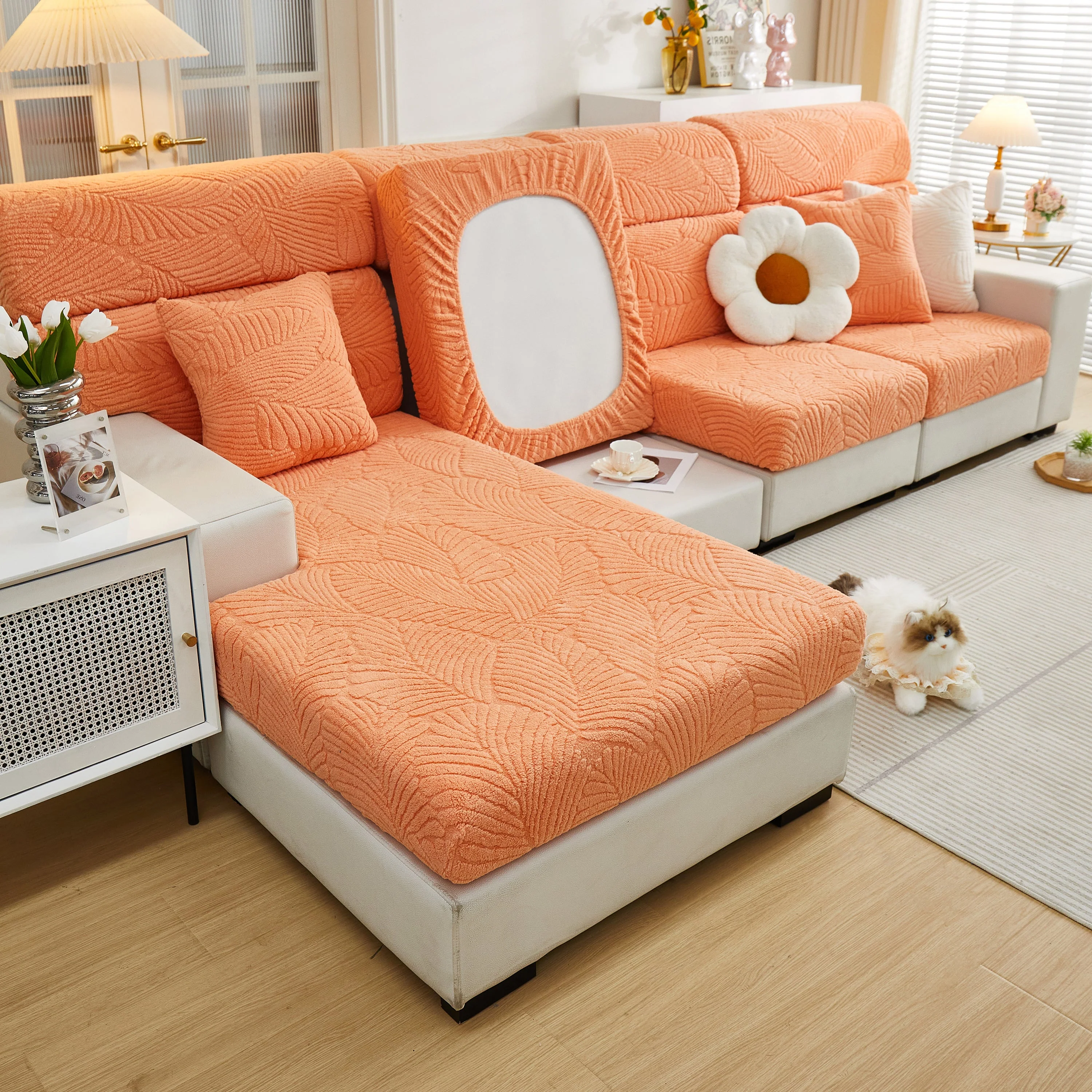 Cozy Plush Coral Fleece Sofa Cushion Slipcovers, Stretch Leaves Cushion Covers, Furniture Slipcovers - Image 103