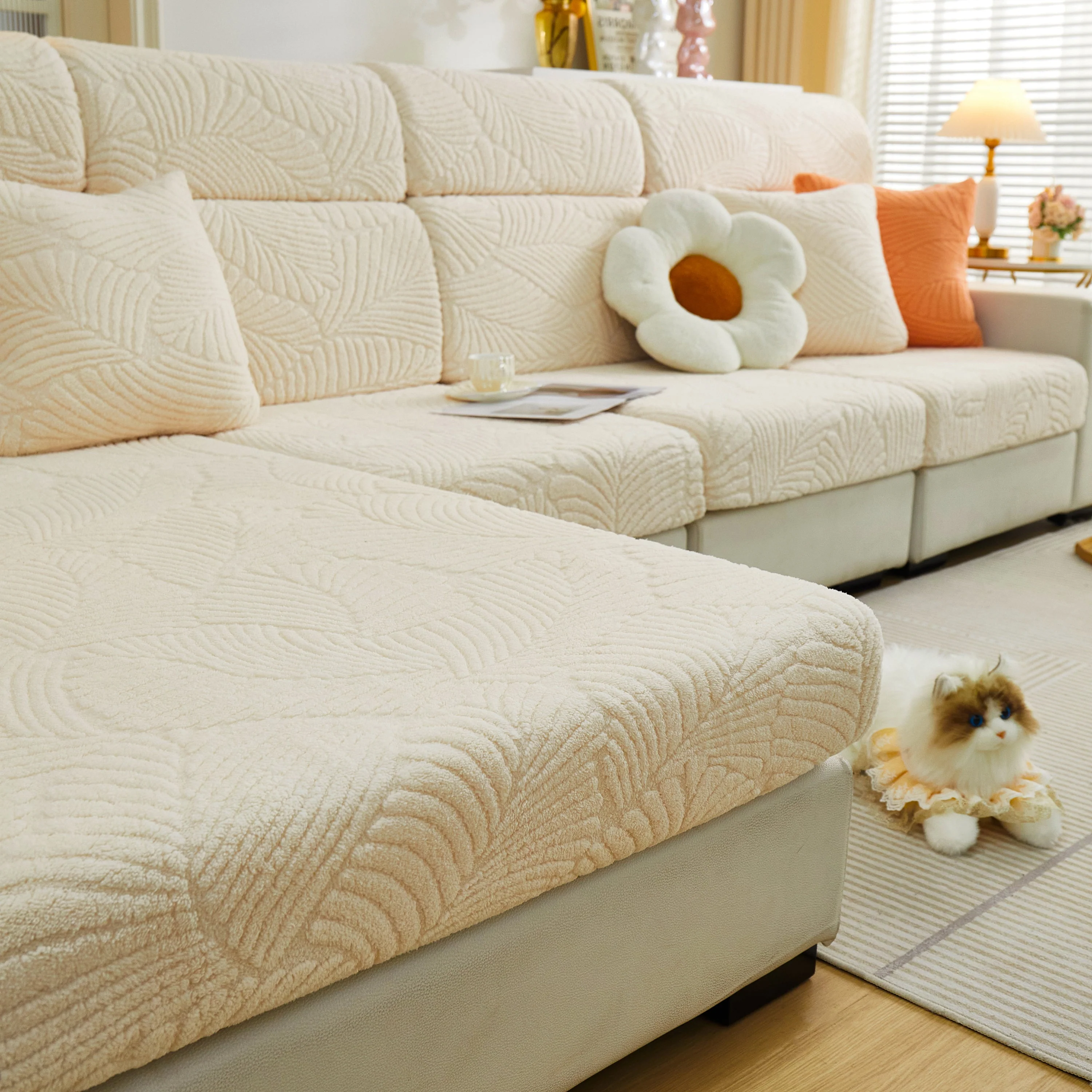 Cozy Plush Coral Fleece Sofa Cushion Slipcovers, Stretch Leaves Cushion Covers, Furniture Slipcovers - Image 110
