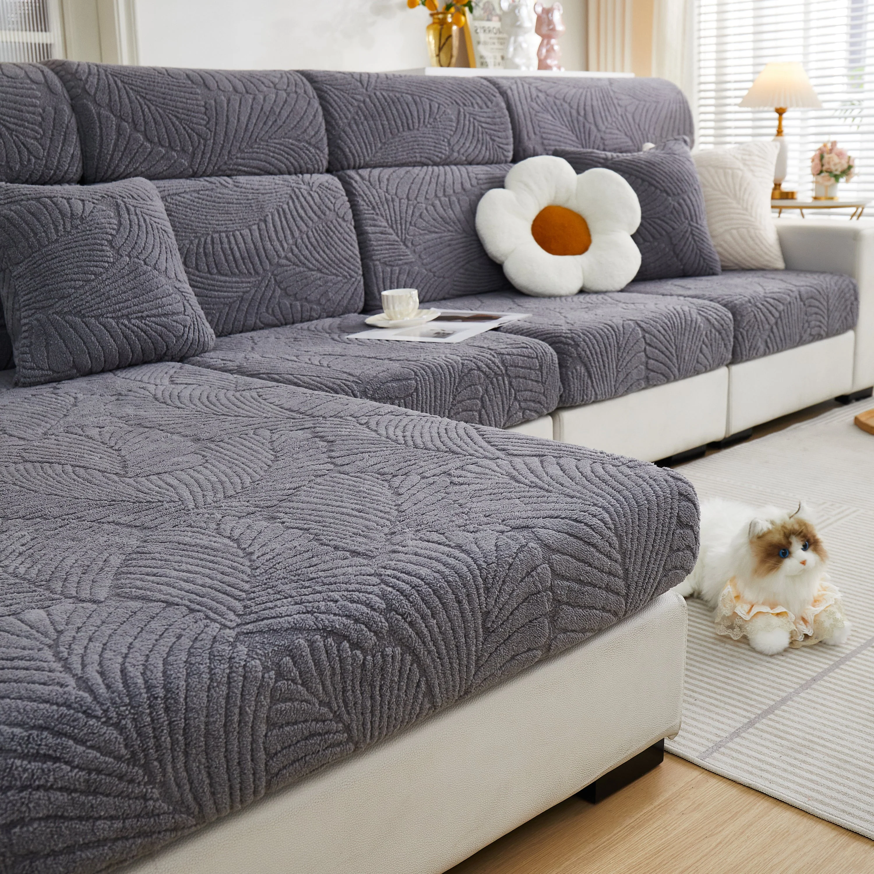 Cozy Plush Coral Fleece Sofa Cushion Slipcovers, Stretch Leaves Cushion Covers, Furniture Slipcovers - Image 12