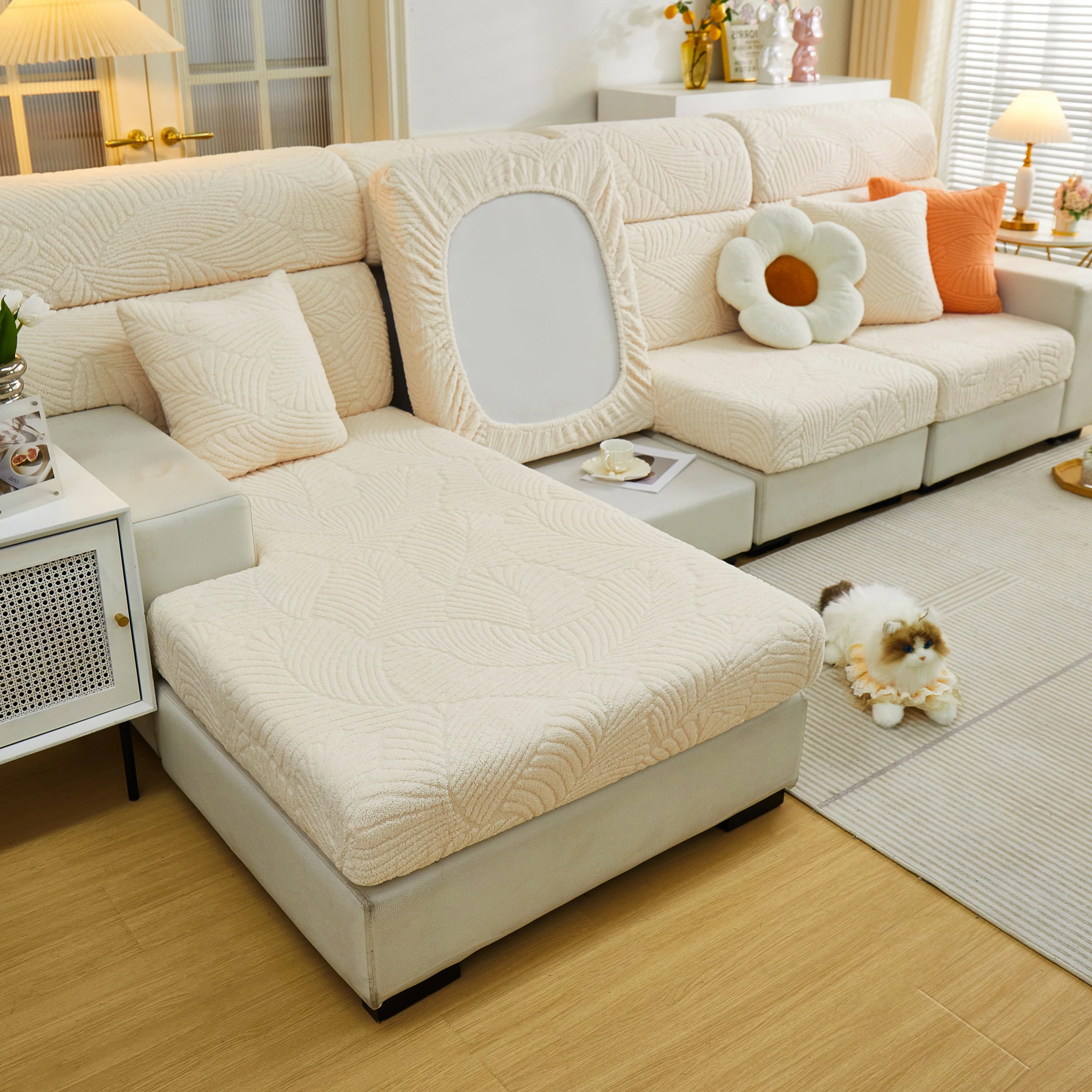 Cozy Plush Coral Fleece Sofa Cushion Slipcovers, Stretch Leaves Cushion Covers, Furniture Slipcovers - Image 123