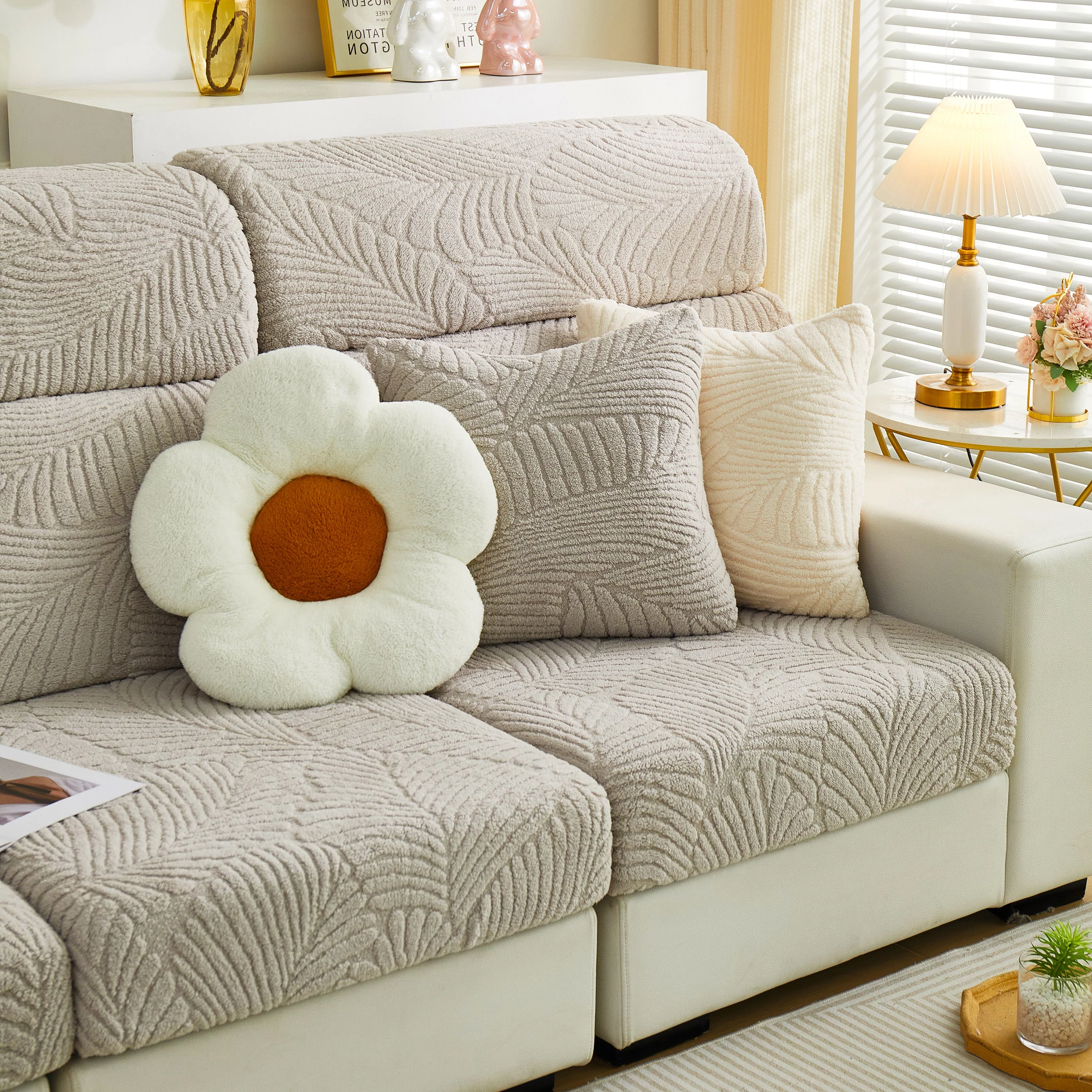 Cozy Plush Coral Fleece Sofa Cushion Slipcovers, Stretch Leaves Cushion Covers, Furniture Slipcovers - Image 128