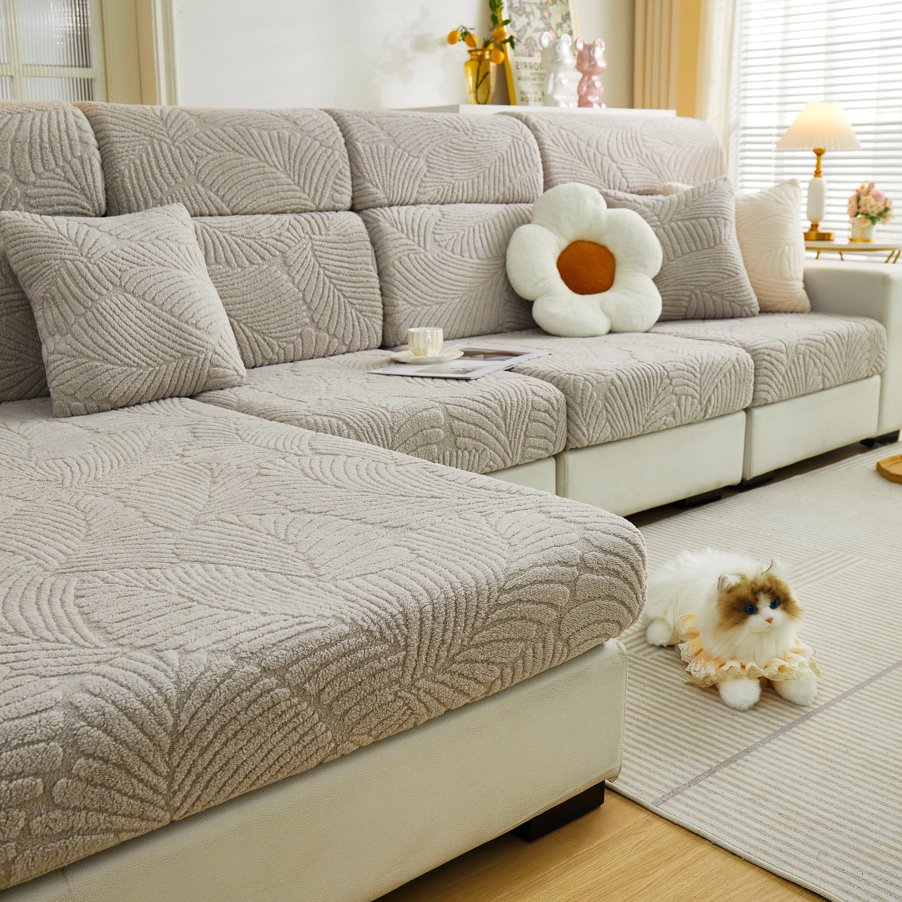 Cozy Plush Coral Fleece Sofa Cushion Slipcovers, Stretch Leaves Cushion Covers, Furniture Slipcovers - Image 130