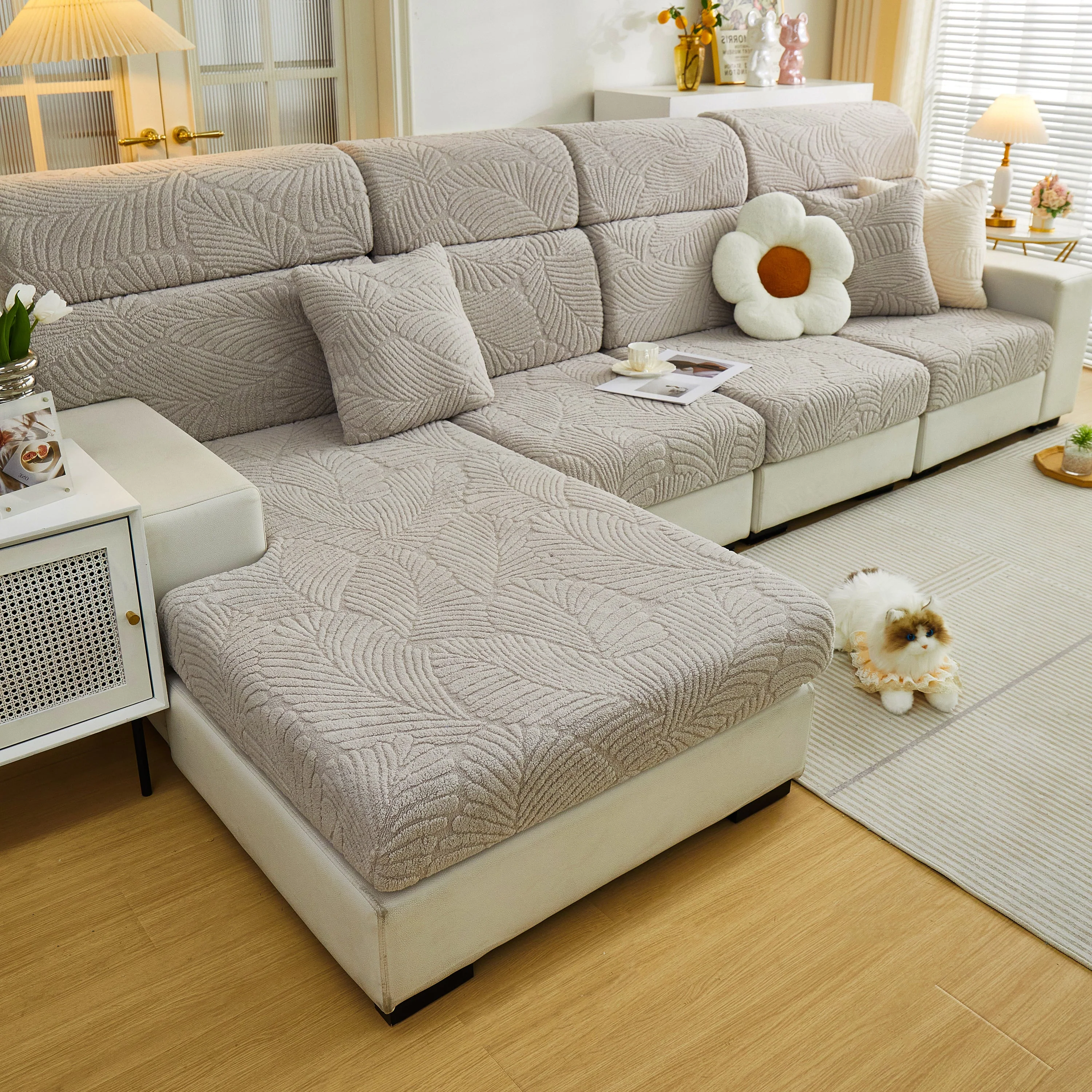 Cozy Plush Coral Fleece Sofa Cushion Slipcovers, Stretch Leaves Cushion Covers, Furniture Slipcovers - Image 131