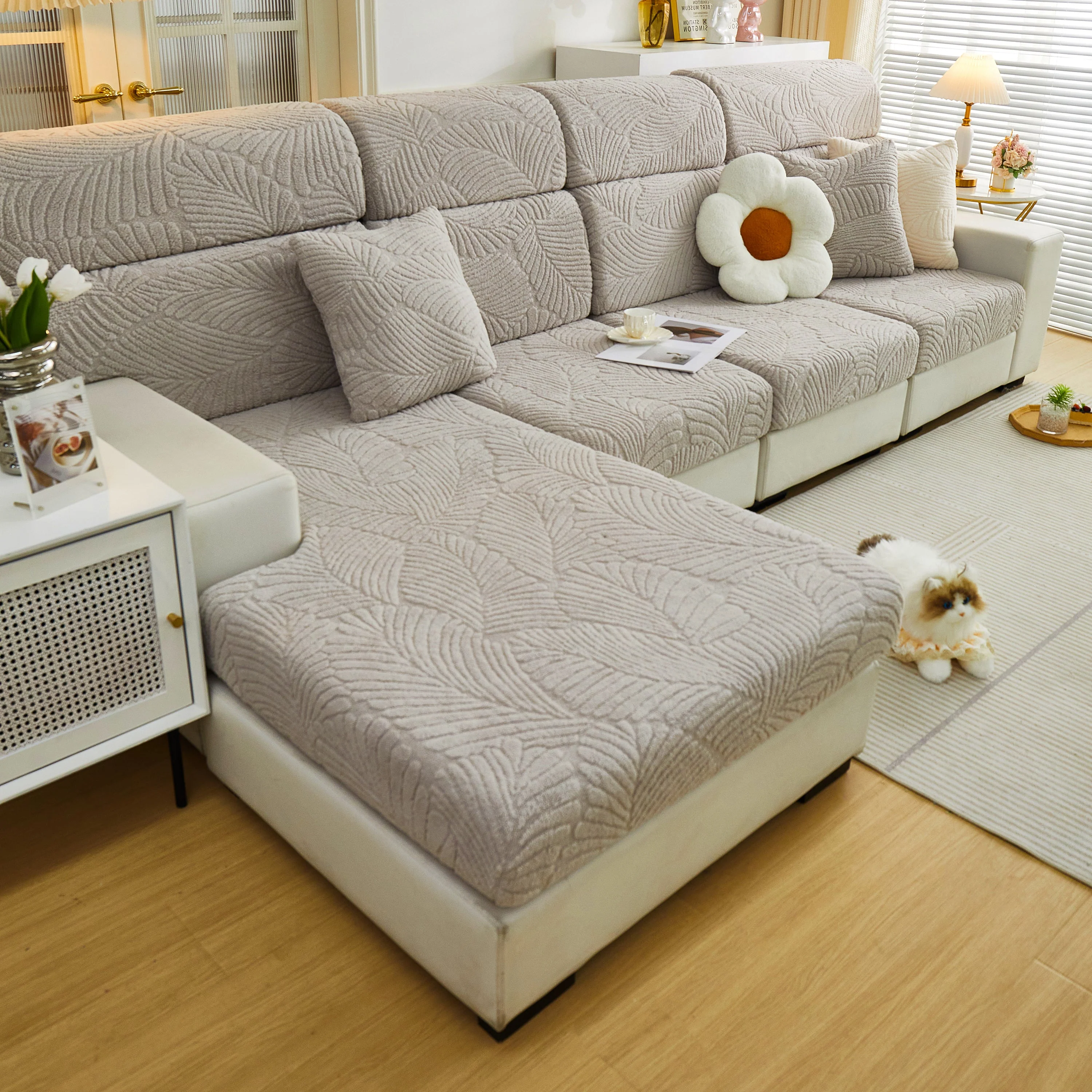 Cozy Plush Coral Fleece Sofa Cushion Slipcovers, Stretch Leaves Cushion Covers, Furniture Slipcovers - Image 132