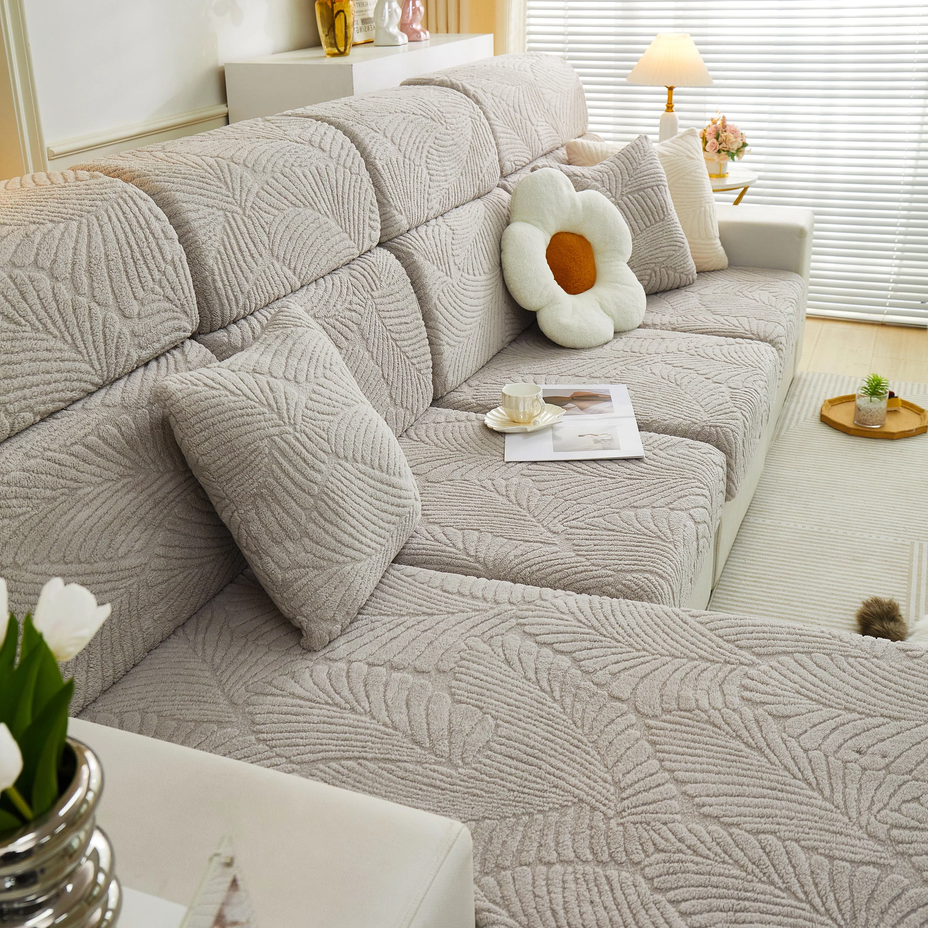 Cozy Plush Coral Fleece Sofa Cushion Slipcovers, Stretch Leaves Cushion Covers, Furniture Slipcovers - Image 134