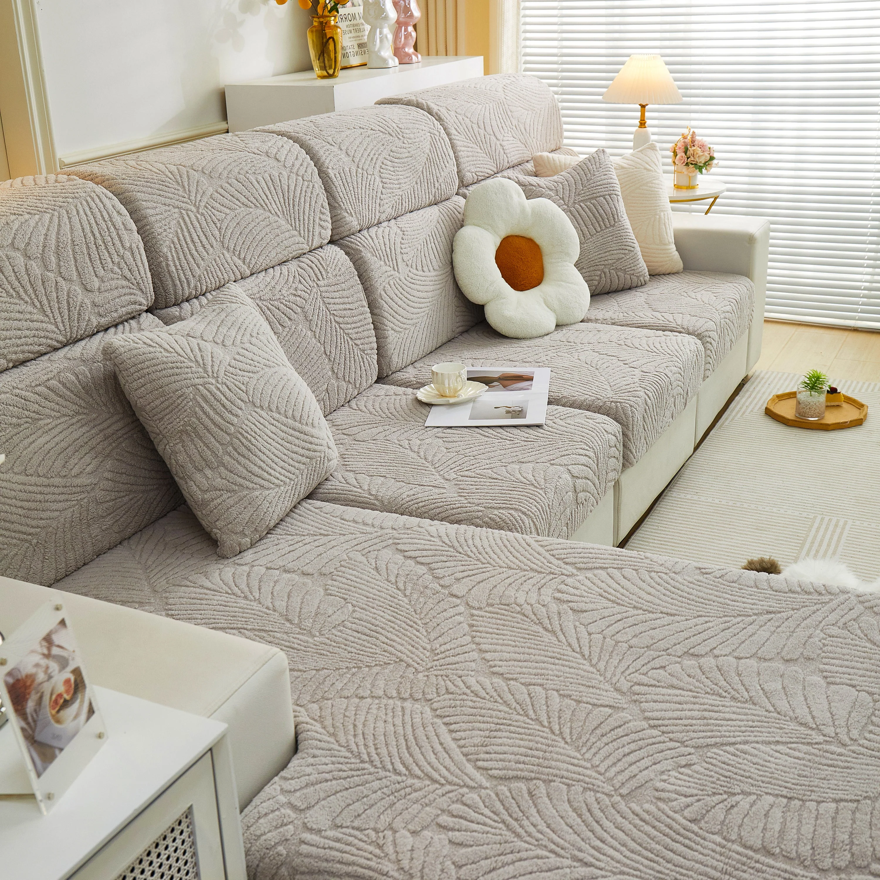 Cozy Plush Coral Fleece Sofa Cushion Slipcovers, Stretch Leaves Cushion Covers, Furniture Slipcovers - Image 135
