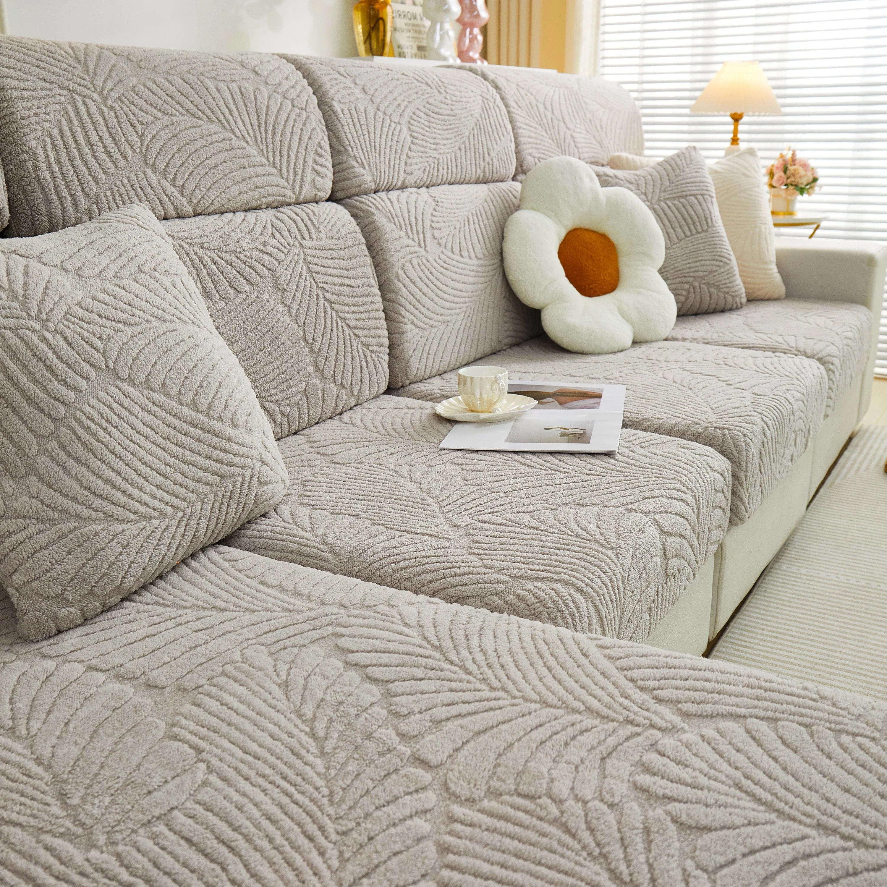 Cozy Plush Coral Fleece Sofa Cushion Slipcovers, Stretch Leaves Cushion Covers, Furniture Slipcovers - Image 140