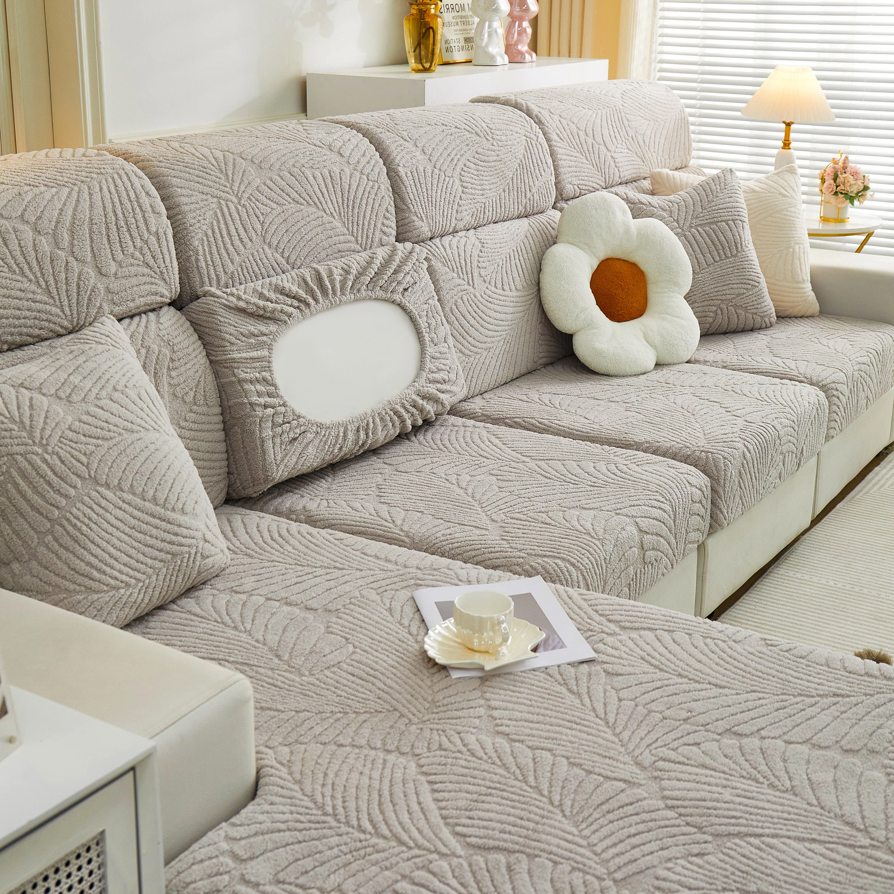 Cozy Plush Coral Fleece Sofa Cushion Slipcovers, Stretch Leaves Cushion Covers, Furniture Slipcovers - Image 142